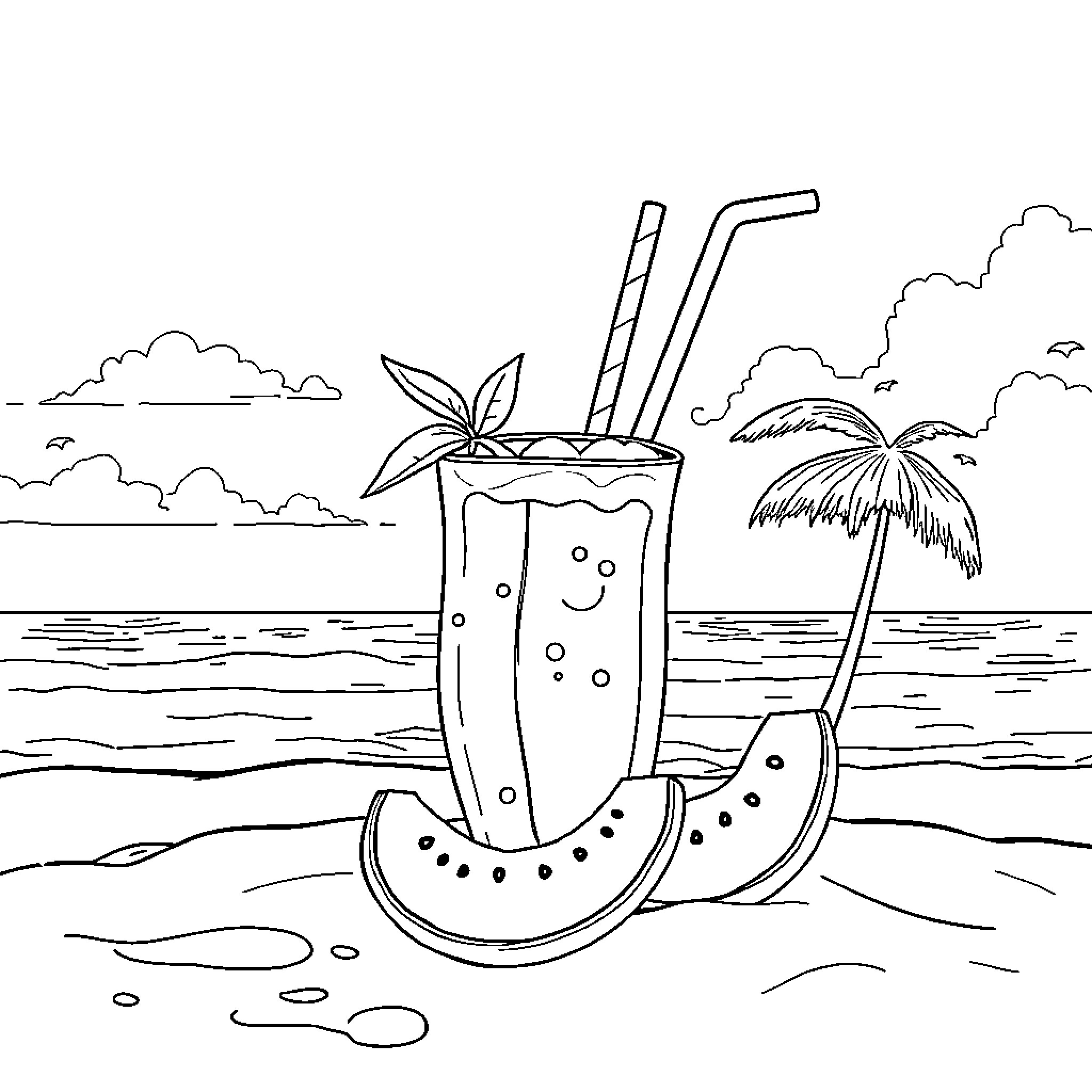 Cocomelon Summer Beach Drink Coloring Page (free black-and-white line drawing printable PDF for all, from beginners to advanced learners, including children, teens, adults, and seniors)