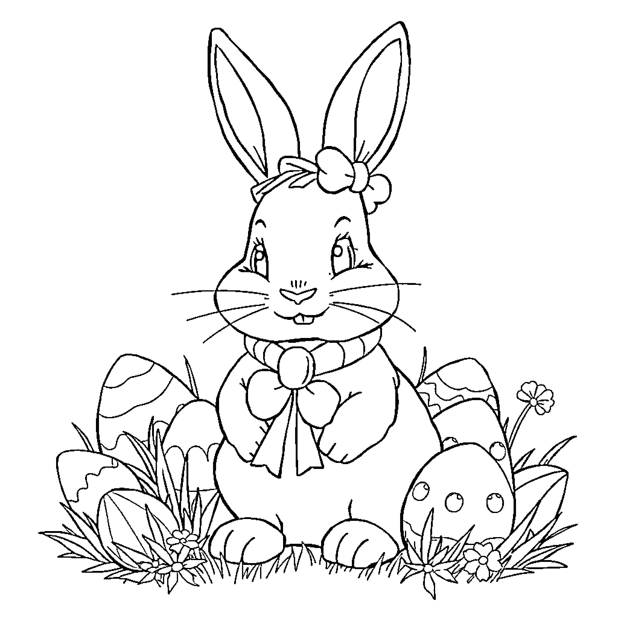 Easter Bunny enjoying the springtime scenery Coloring Page (free black-and-white line drawing printable PDF for all, from beginners to advanced learners, including children, teens, adults, and seniors)