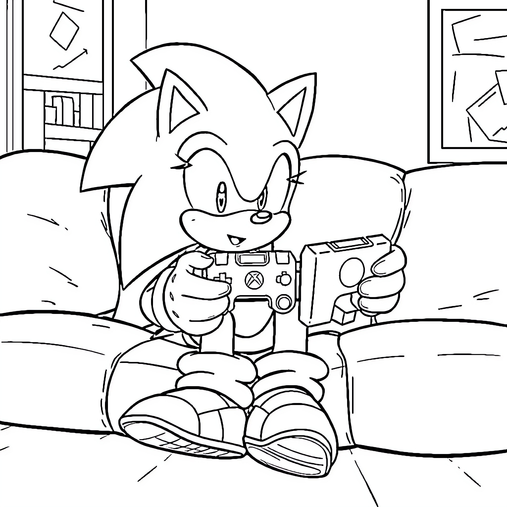 Sonic enjoying video game in his room Coloring Page (free black-and-white line drawing printable PDF for all, from beginners to advanced learners, including children, teens, adults, and seniors)