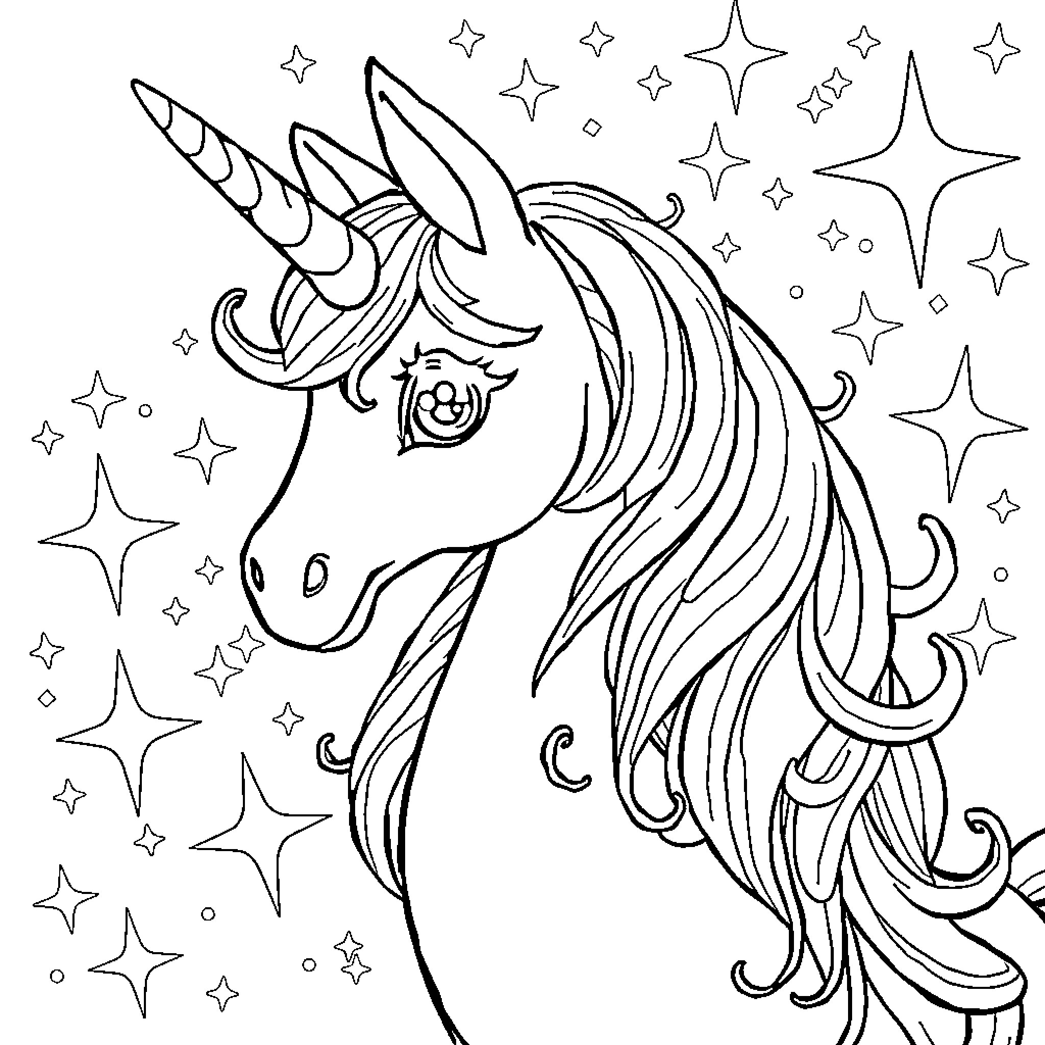 Unicorn with flowing mane and shining stars Coloring Page (free black-and-white line drawing printable PDF for all, from beginners to advanced learners, including children, teens, adults, and seniors)