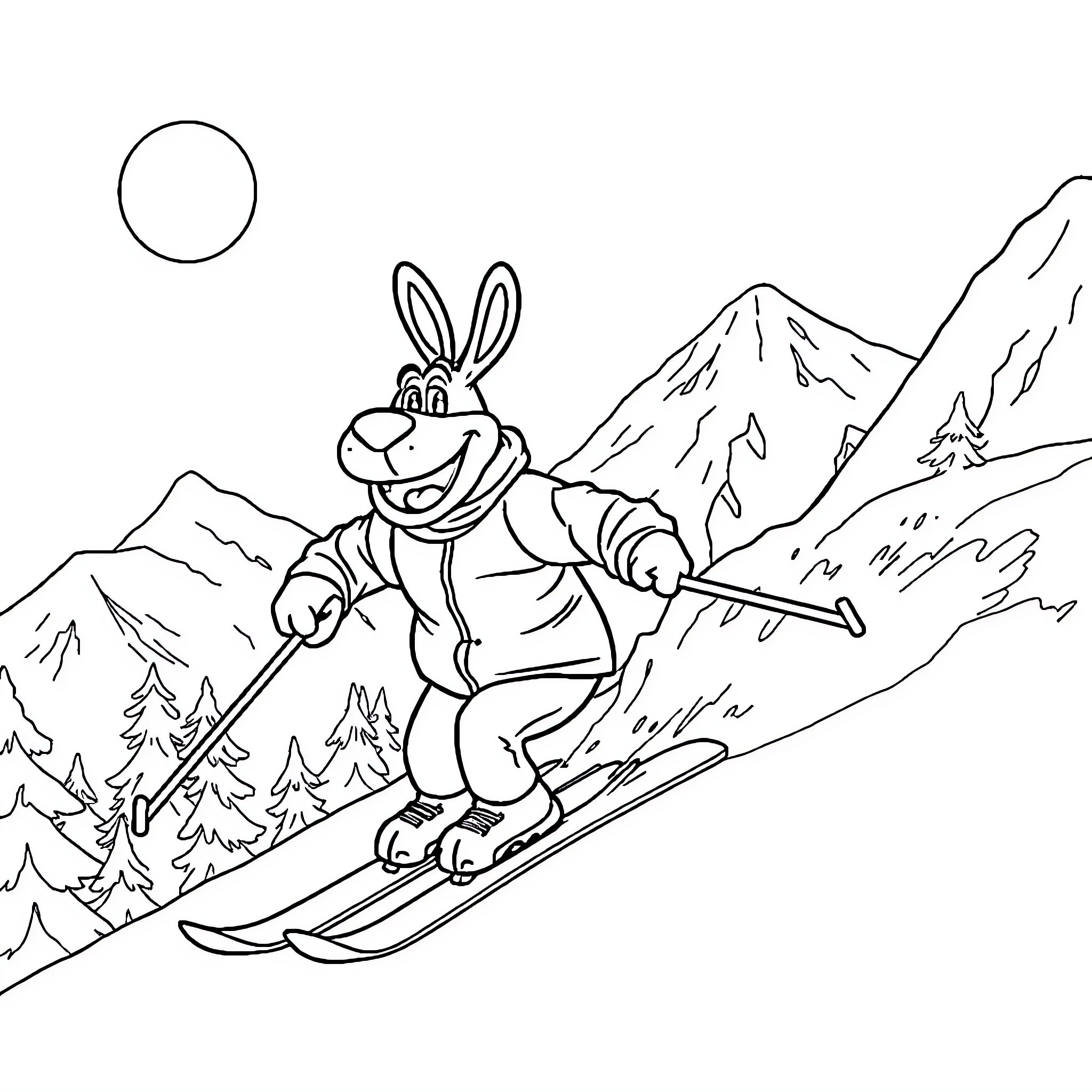 Alf the Rabbit Skiing Down the Mountain Coloring Page (free black-and-white line drawing printable PDF for all, from beginners to advanced learners, including children, teens, adults, and seniors)