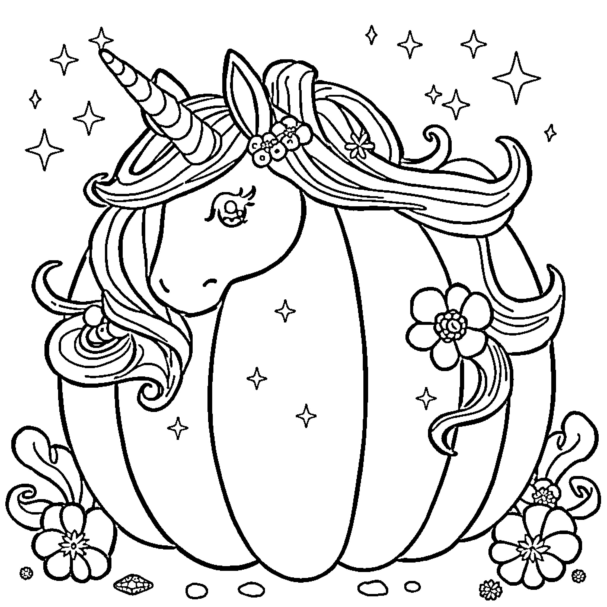 Unicorn Pumpkin delights with enchanting features Coloring Page (free black-and-white line drawing printable PDF for all, from beginners to advanced learners, including children, teens, adults, and seniors)