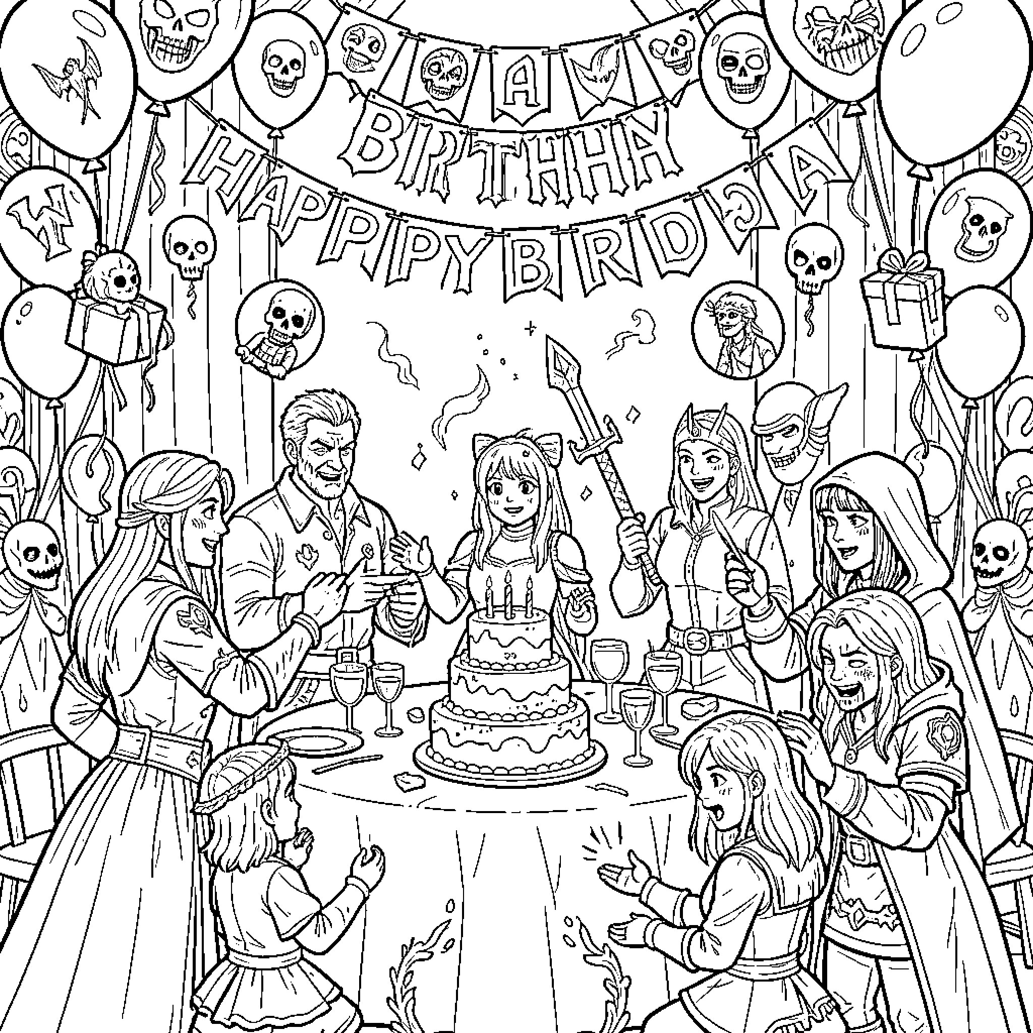 Castlevania characters celebrating a birthday around a cake Coloring Page (free black-and-white line drawing printable PDF for all, from beginners to advanced learners, including children, teens, adults, and seniors)