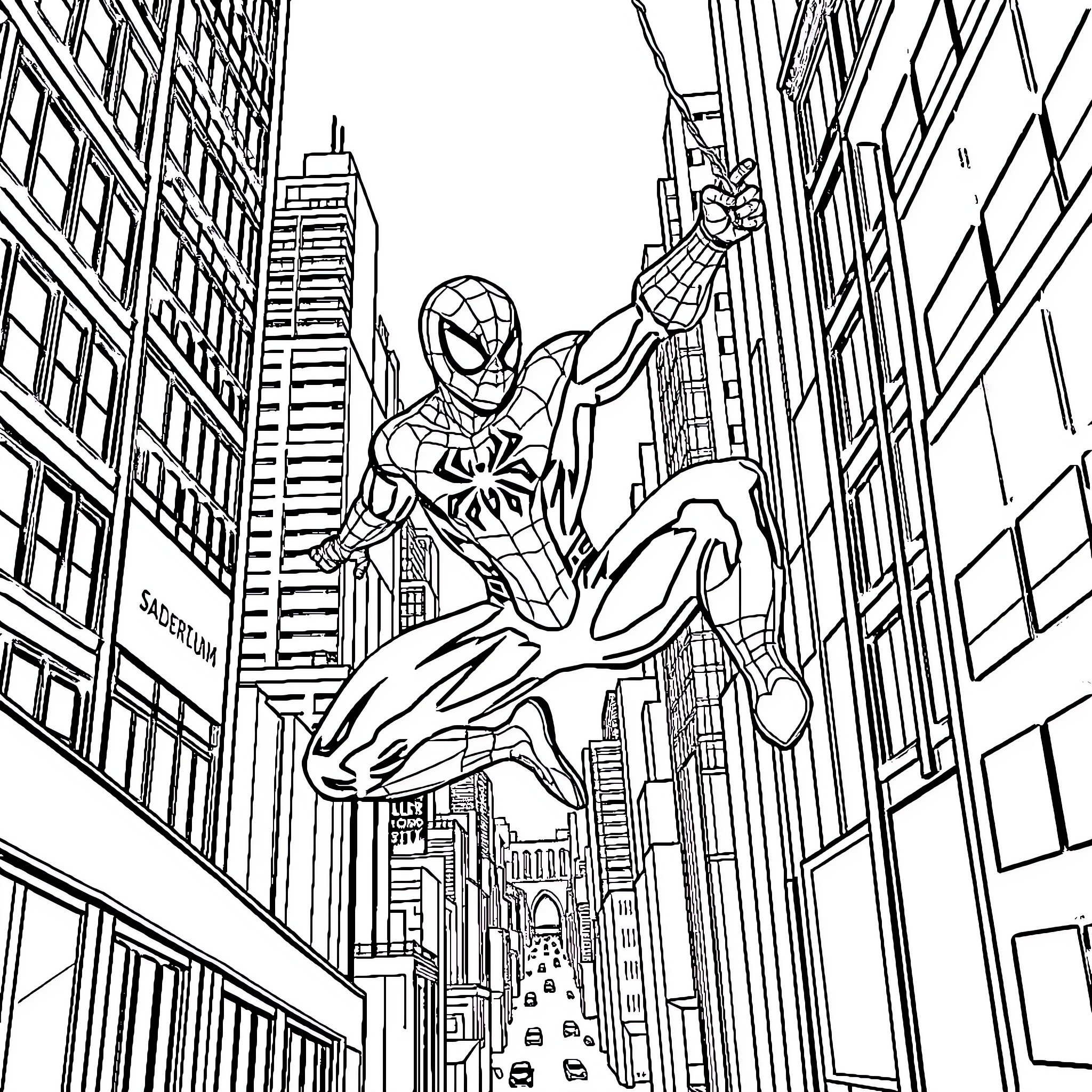 Spiderman swinging through the city skyscrapers Coloring Page (free black-and-white line drawing printable PDF for all, from beginners to advanced learners, including children, teens, adults, and seniors)