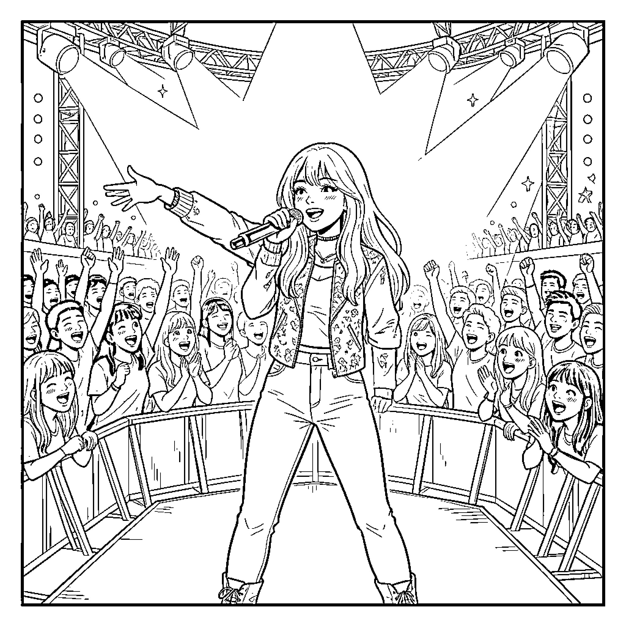 Mira's Performance on Stage with Cheering Crowd Coloring Page (free black-and-white line drawing printable PDF for all, from beginners to advanced learners, including children, teens, adults, and seniors)