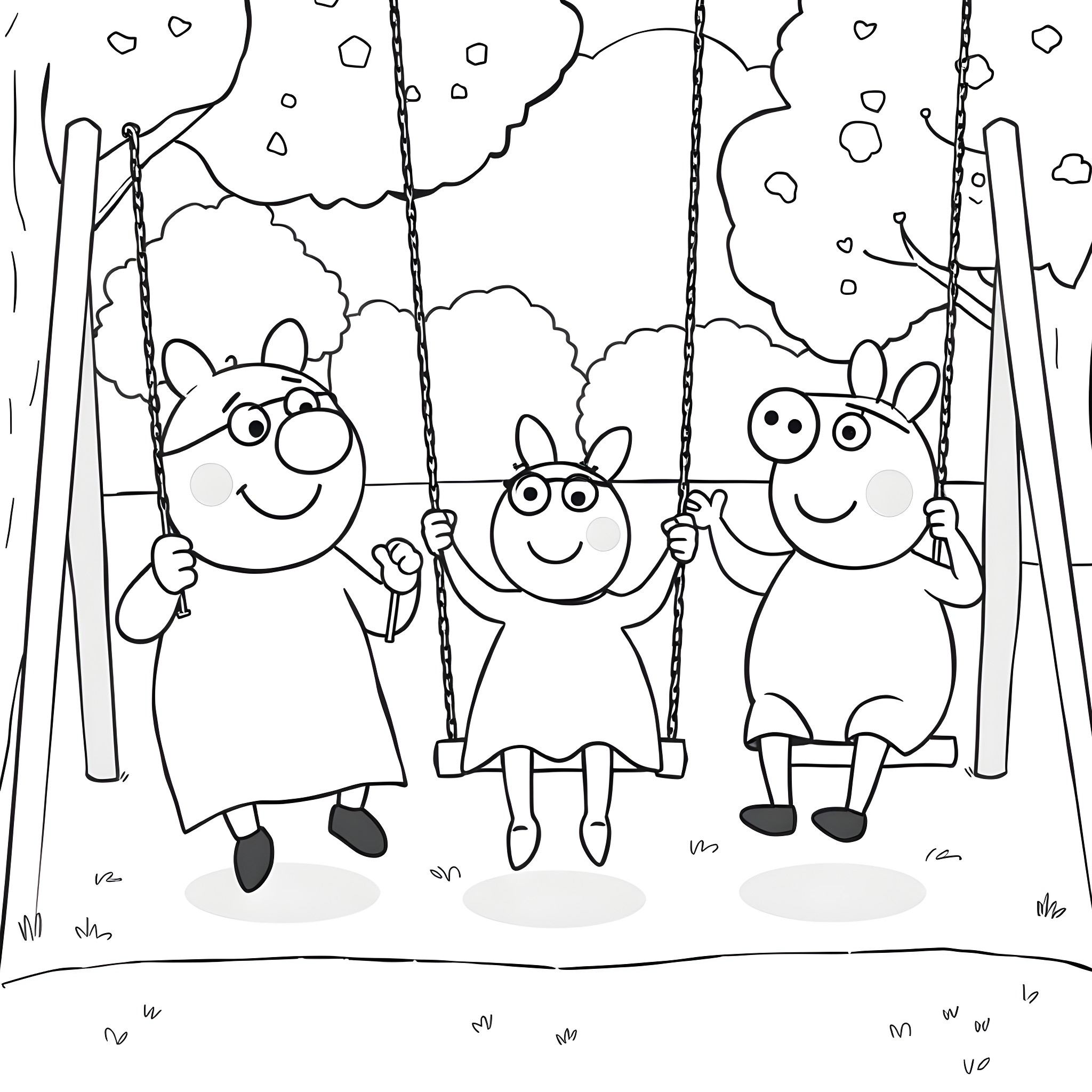 Characters playing on swings in a park Coloring Page (free black-and-white line drawing printable PDF for all, from beginners to advanced learners, including children, teens, adults, and seniors)