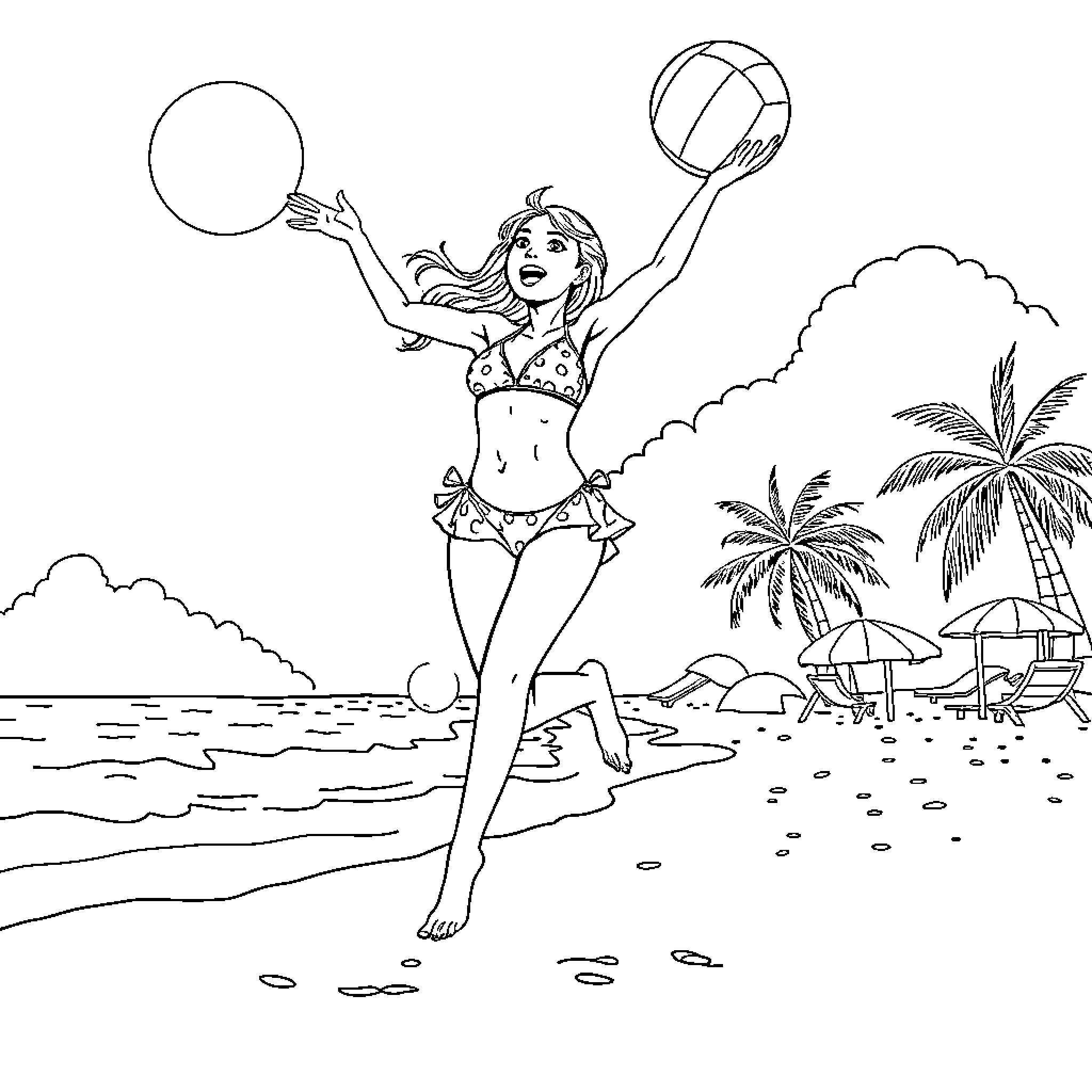 Girl playing with beach ball on sunny shore Coloring Page (free black-and-white line drawing printable PDF for all, from beginners to advanced learners, including children, teens, adults, and seniors)