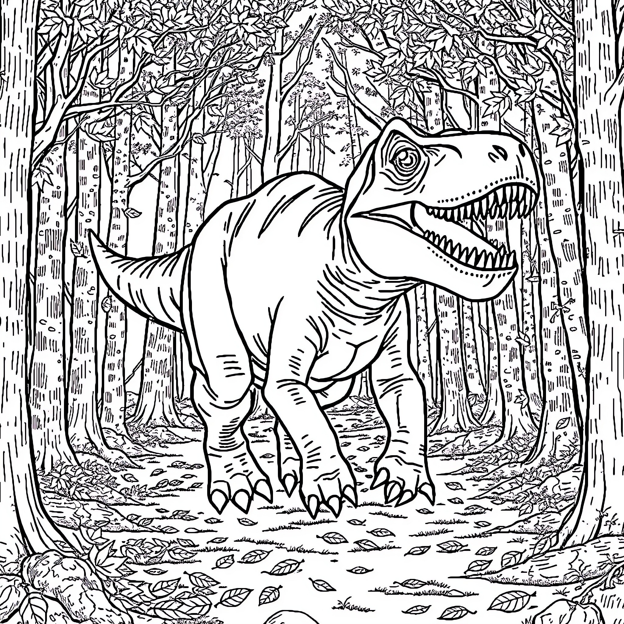 T-Rex Roaming Through the Enchanted Forest Coloring Page (free black-and-white line drawing printable PDF for all, from beginners to advanced learners, including children, teens, adults, and seniors)