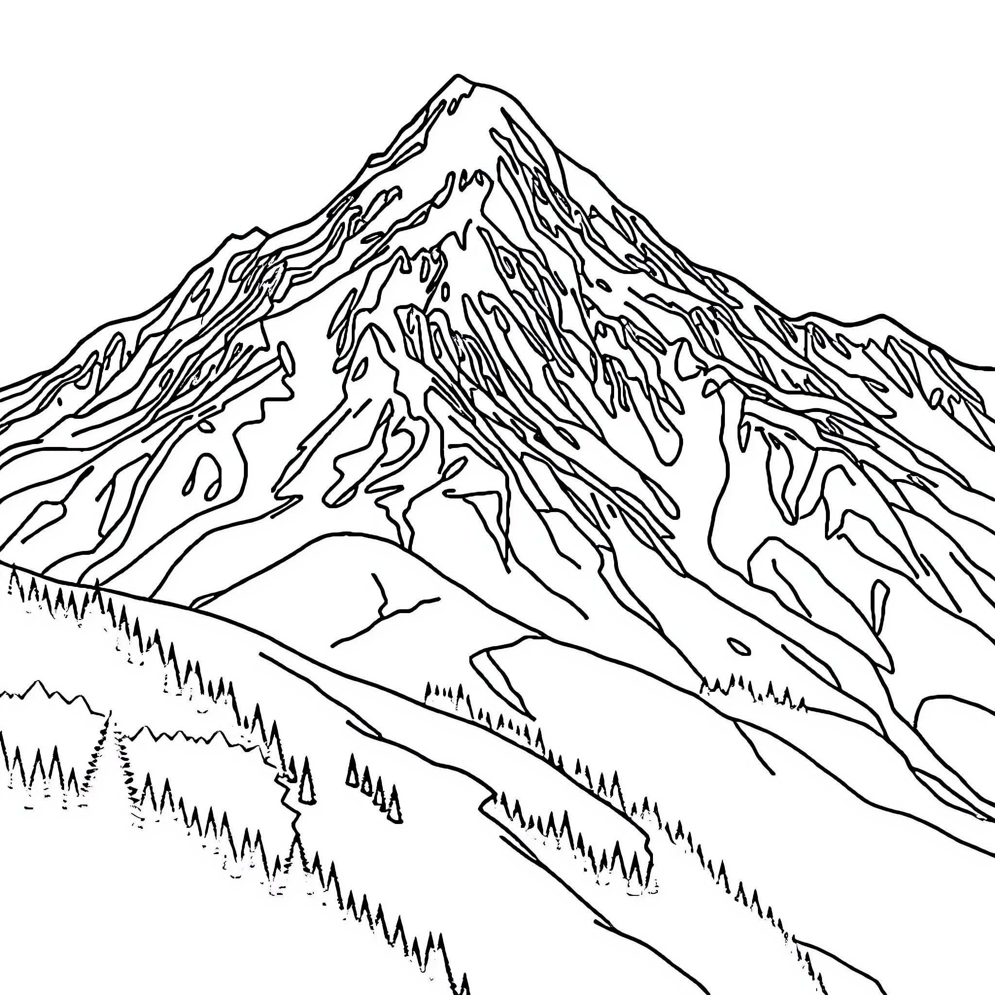 Mountain Landscape with Rugged Peaks and Valleys Coloring Page (free black-and-white line drawing printable PDF for all, from beginners to advanced learners, including children, teens, adults, and seniors)