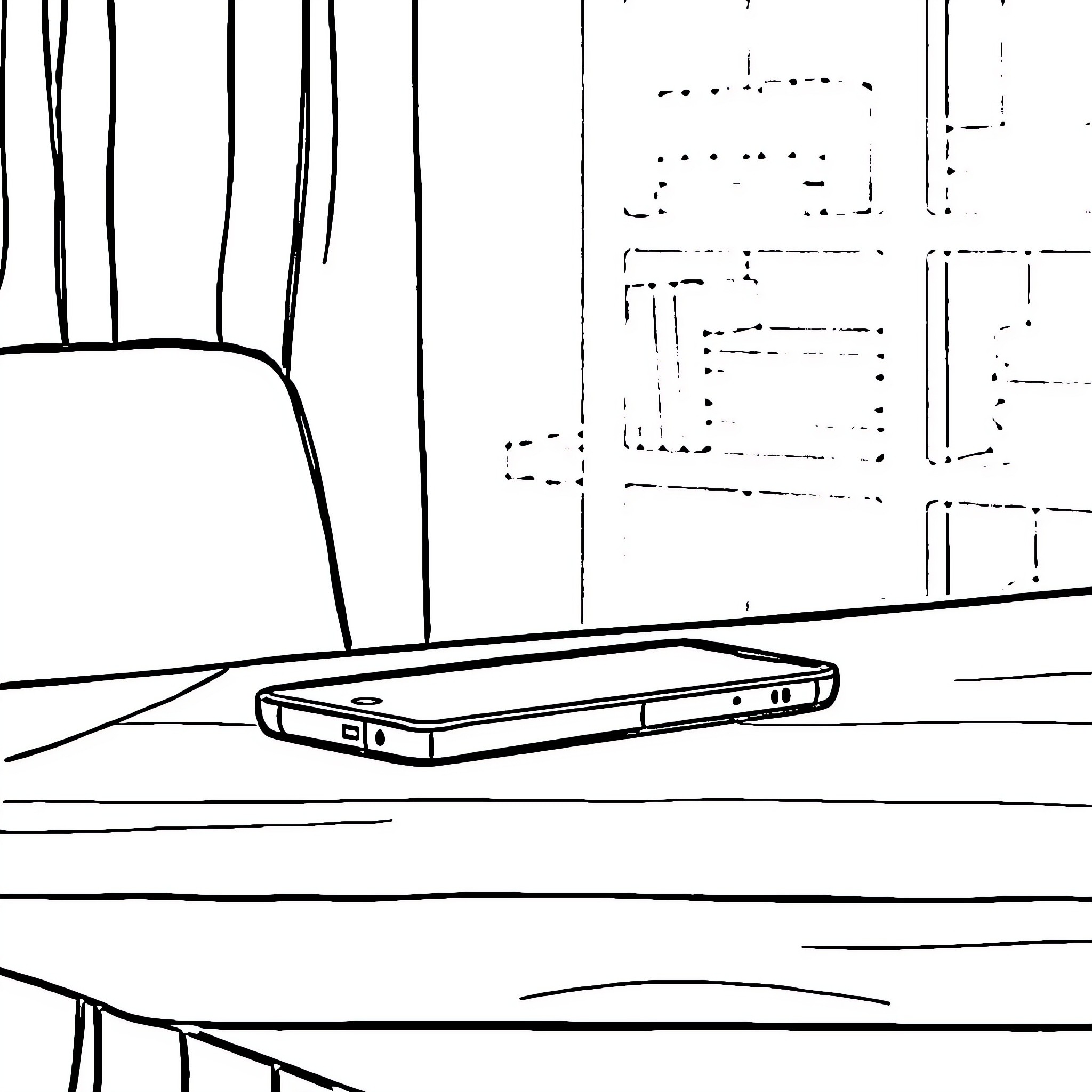 Smartphone resting on table in minimalist setting Coloring Page (free black-and-white line drawing printable PDF for all, from beginners to advanced learners, including children, teens, adults, and seniors)