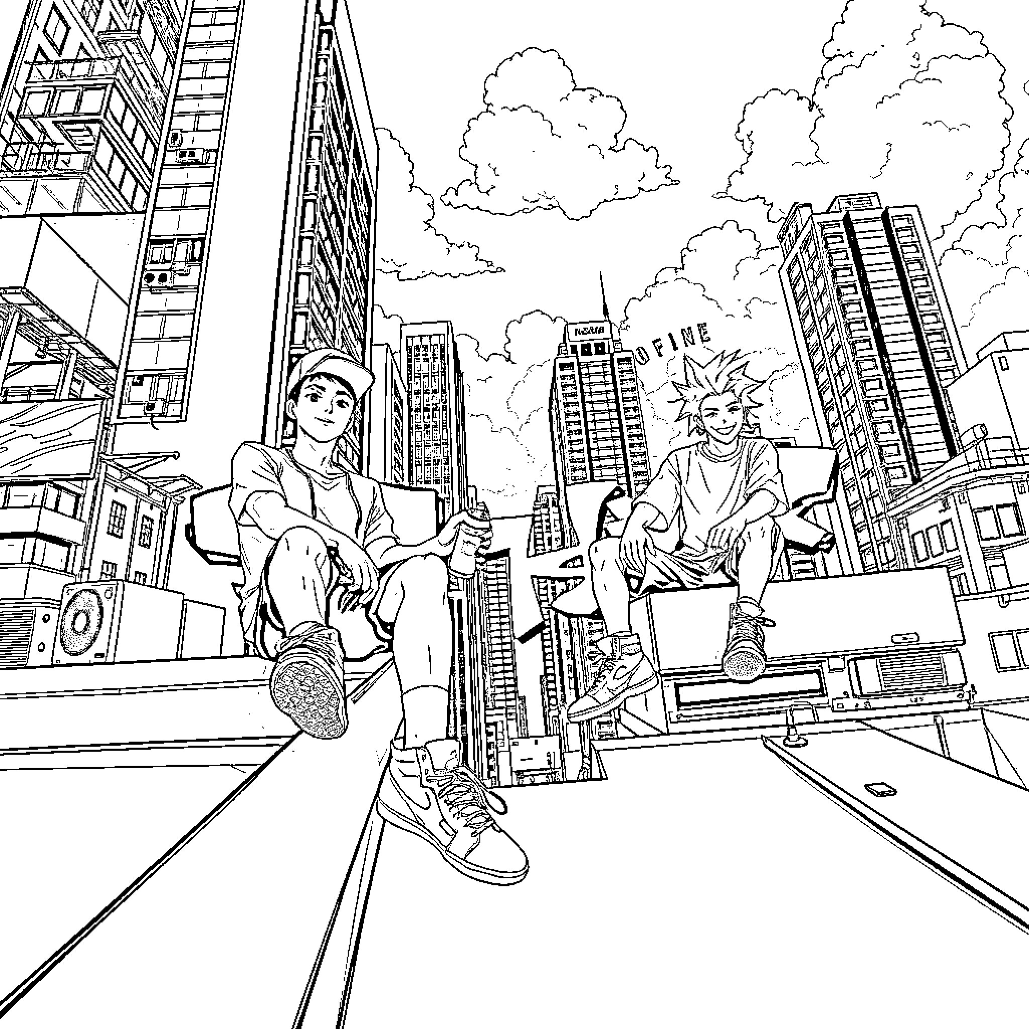 Graffiti Artists Relaxing in the Urban Cityscape Coloring Page (free black-and-white line drawing printable PDF for all, from beginners to advanced learners, including children, teens, adults, and seniors)