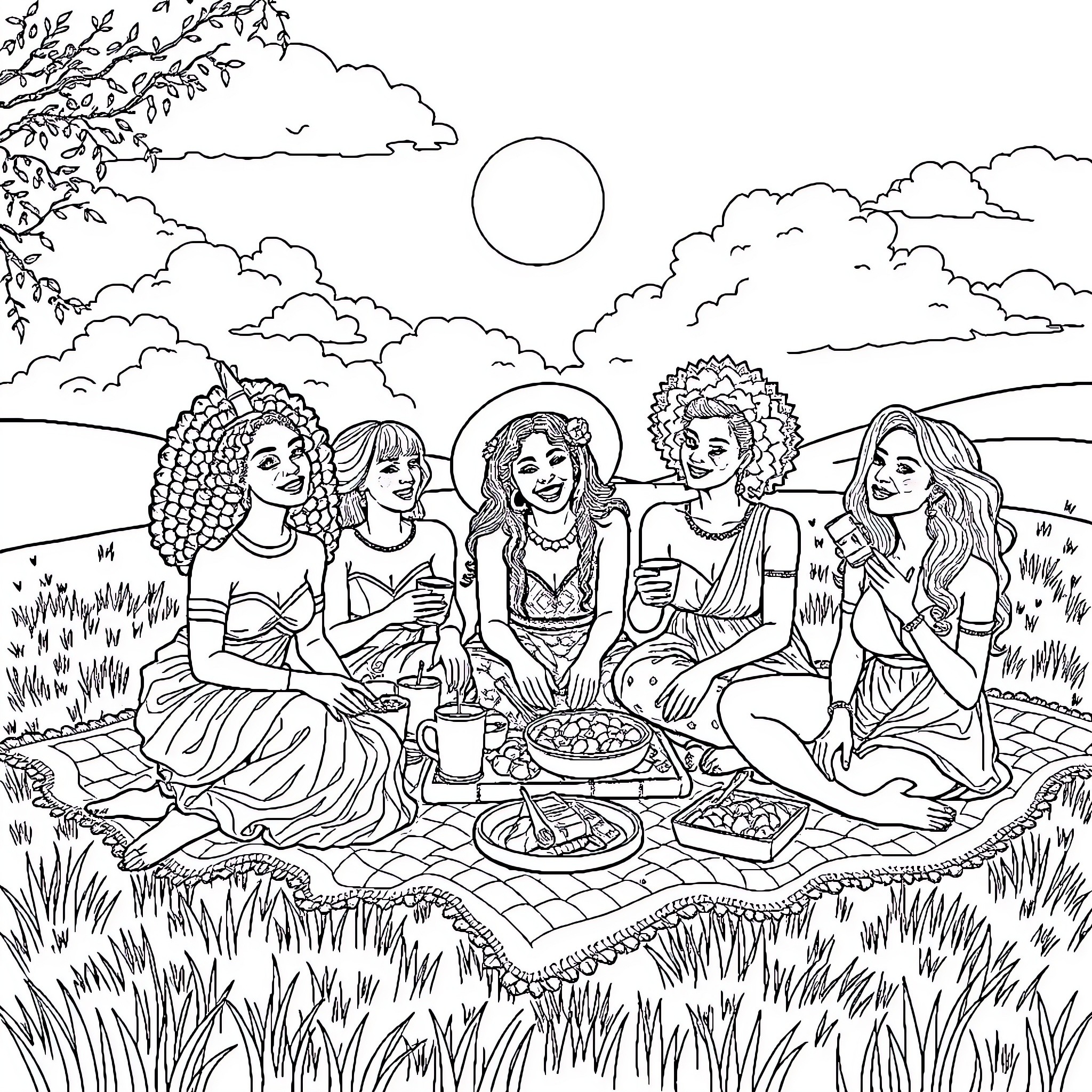 Goddess friends enjoying a picnic in nature Coloring Page (free black-and-white line drawing printable PDF for all, from beginners to advanced learners, including children, teens, adults, and seniors)
