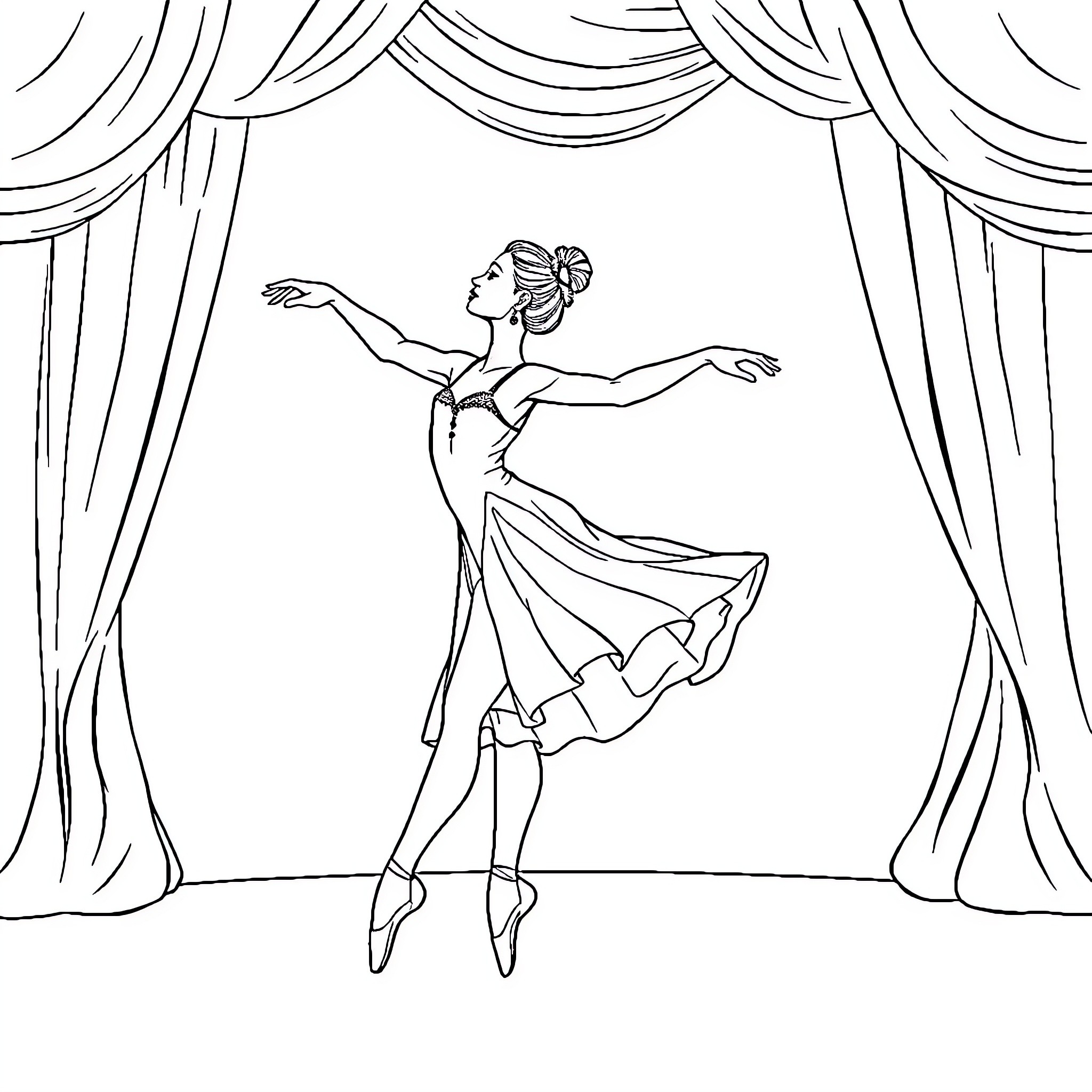 Ballerina performing graceful dance on stage Coloring Page (free black-and-white line drawing printable PDF for all, from beginners to advanced learners, including children, teens, adults, and seniors)