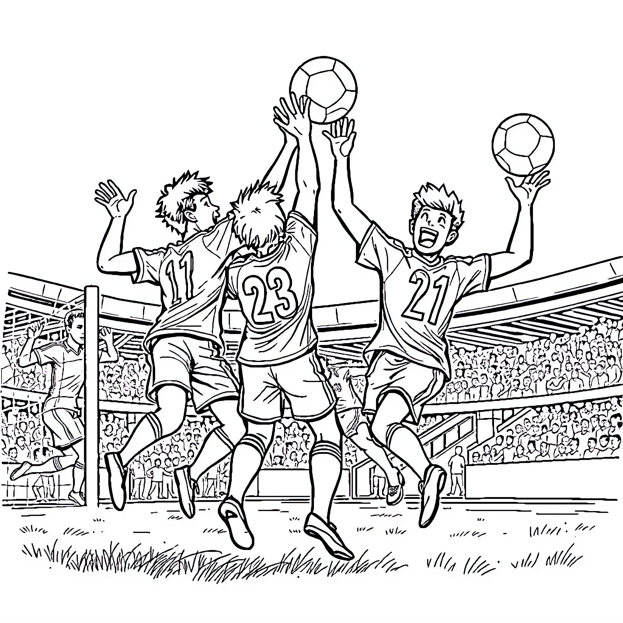 Football players competing for the ball in an intense match Coloring Page (free black-and-white line drawing printable PDF for all, from beginners to advanced learners, including children, teens, adults, and seniors)