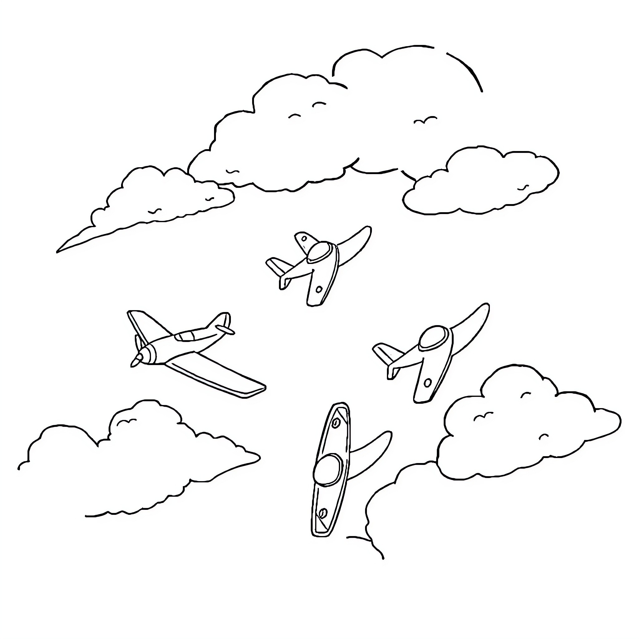Airplane Toys Flying Through Cloudy Skies Coloring Page (free black-and-white line drawing printable PDF for all, from beginners to advanced learners, including children, teens, adults, and seniors)