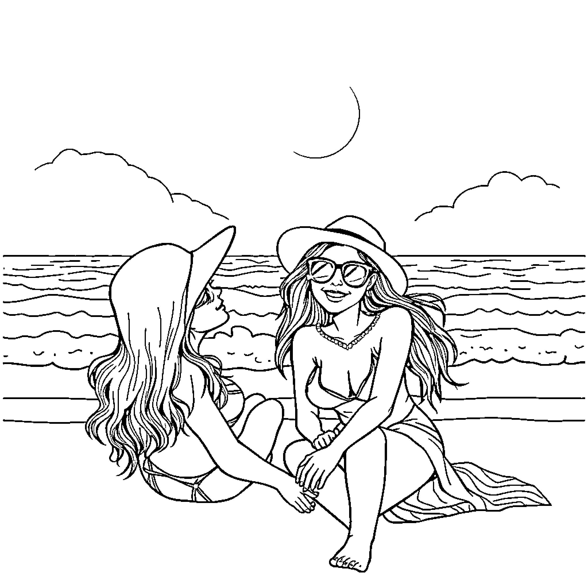 Hanna enjoys the tranquil beach scene Coloring Page (free black-and-white line drawing printable PDF for all, from beginners to advanced learners, including children, teens, adults, and seniors)
