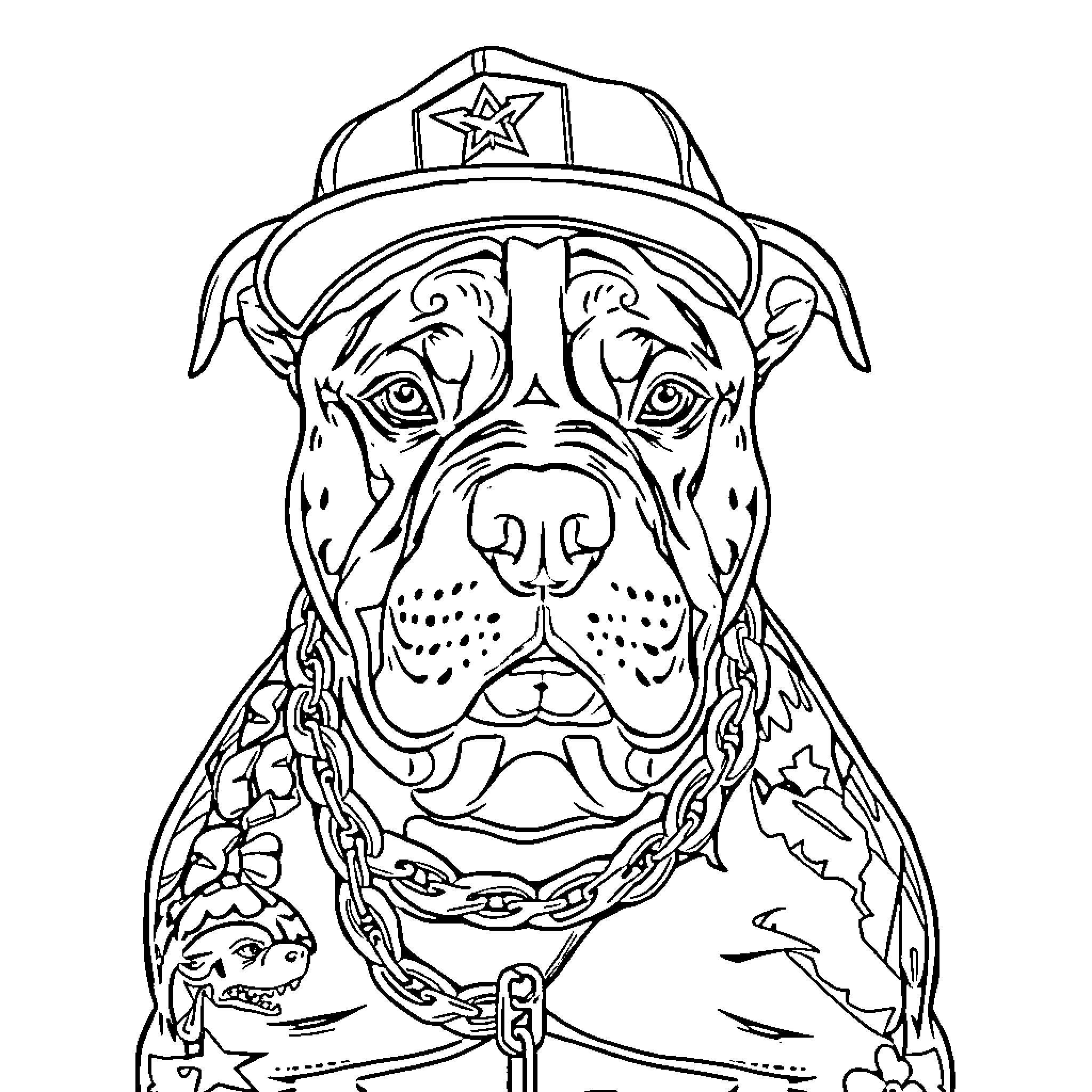 Pitbull wearing a police cap with intricate designs Coloring Page (free black-and-white line drawing printable PDF for all, from beginners to advanced learners, including children, teens, adults, and seniors)