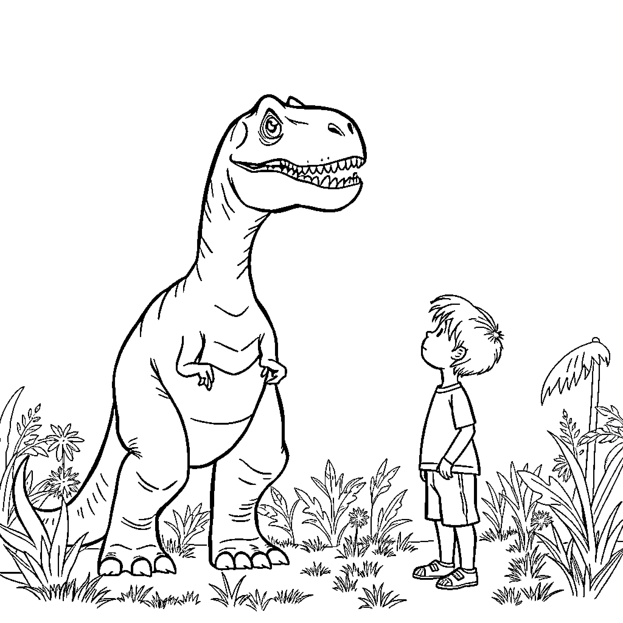 Dinosaur greets young boy in natural setting Coloring Page (free black-and-white line drawing printable PDF for all, from beginners to advanced learners, including children, teens, adults, and seniors)