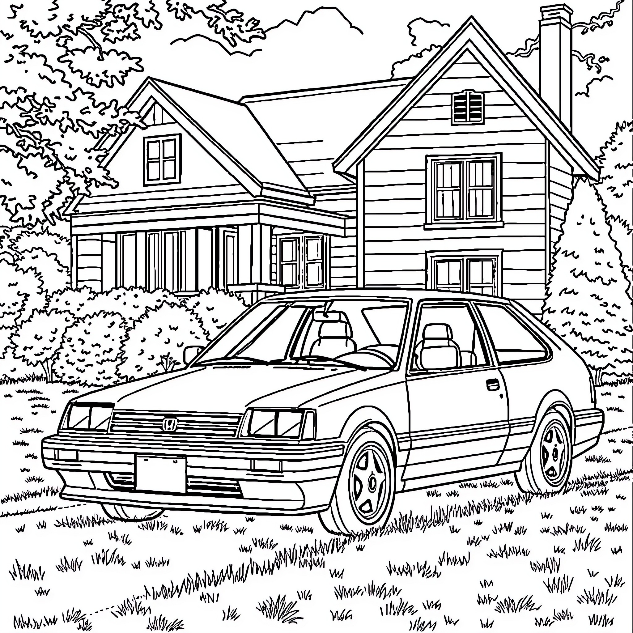 Honda Civic parked in front of a cozy house Coloring Page (free black-and-white line drawing printable PDF for all, from beginners to advanced learners, including children, teens, adults, and seniors)