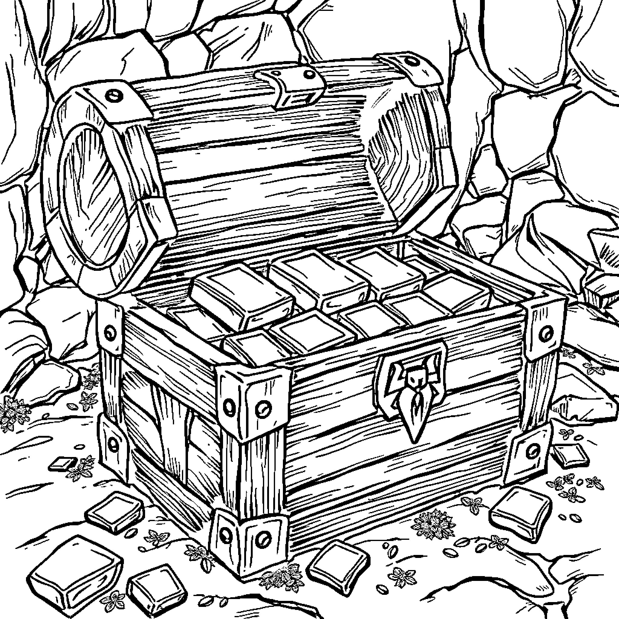 Chest of treasures in the wilderness Coloring Page (free black-and-white line drawing printable PDF for all, from beginners to advanced learners, including children, teens, adults, and seniors)
