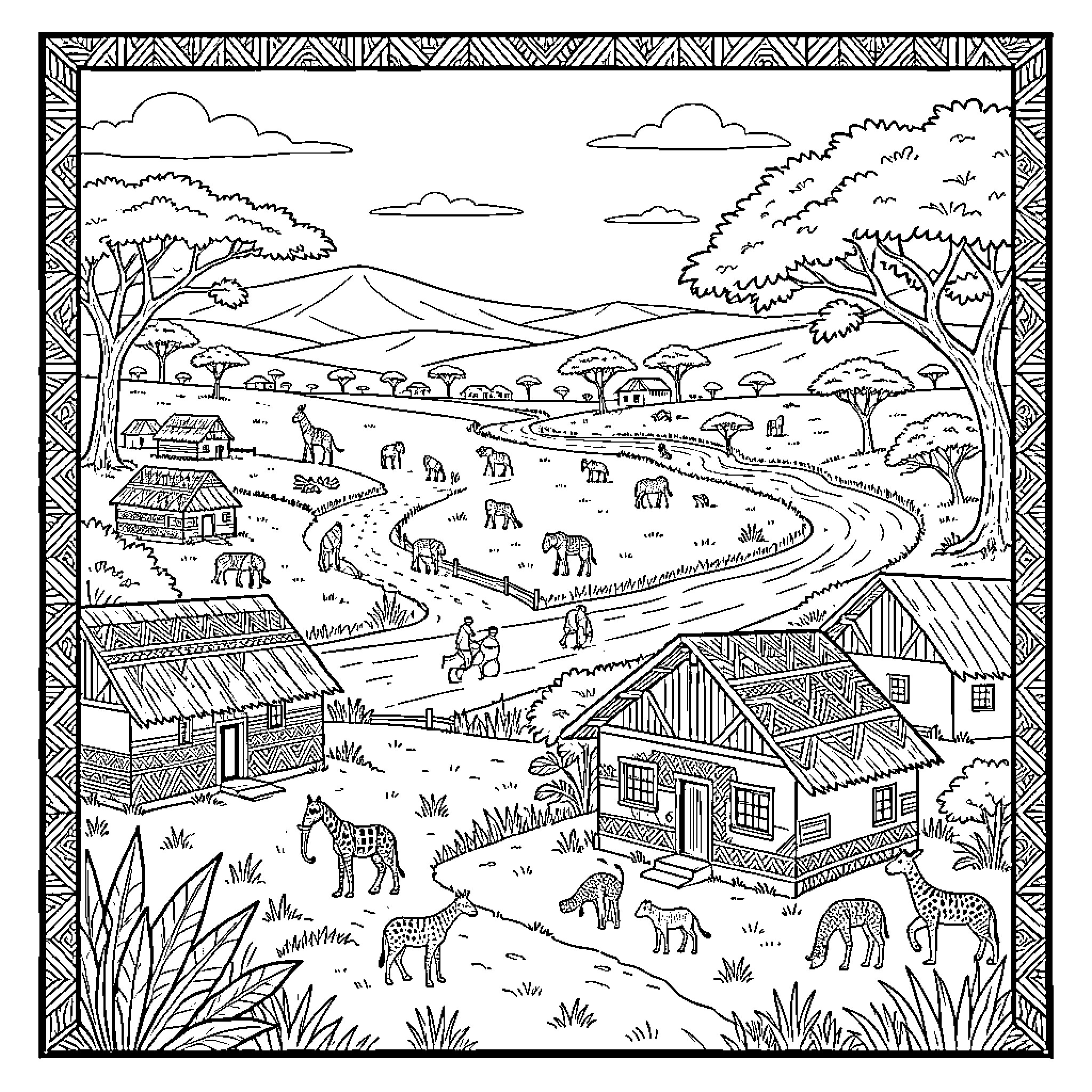 Africa landscape with animals and village huts Coloring Page (free black-and-white line drawing printable PDF for all, from beginners to advanced learners, including children, teens, adults, and seniors)