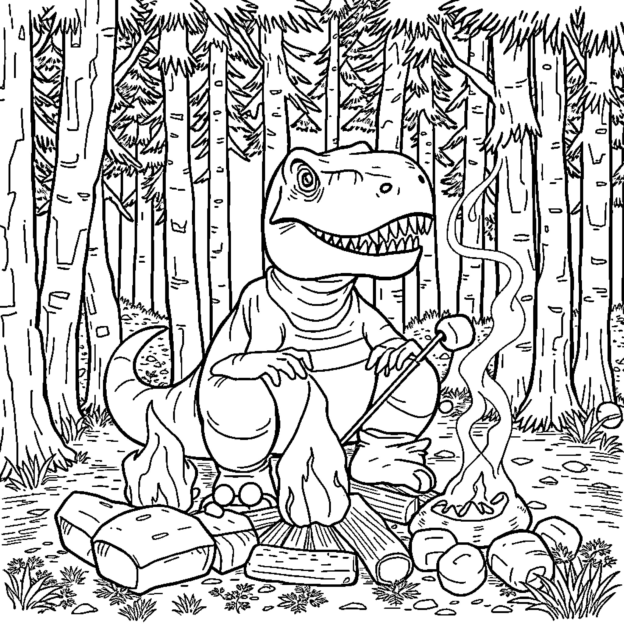 Trex exploring the forest with adventure gear Coloring Page (free black-and-white line drawing printable PDF for all, from beginners to advanced learners, including children, teens, adults, and seniors)