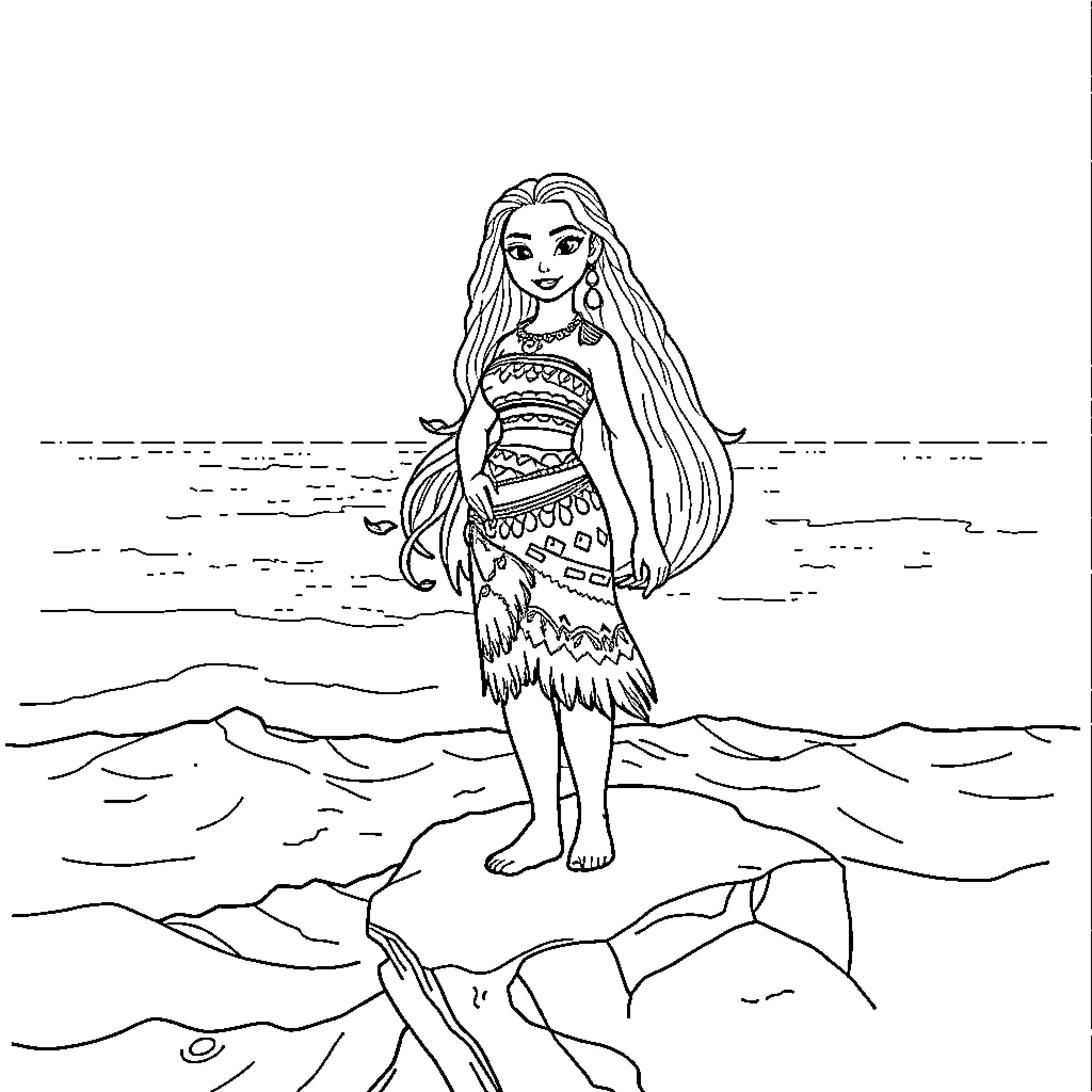 Moana exploring the ocean waves with her adventurous spirit Coloring Page (free black-and-white line drawing printable PDF for all, from beginners to advanced learners, including children, teens, adults, and seniors)