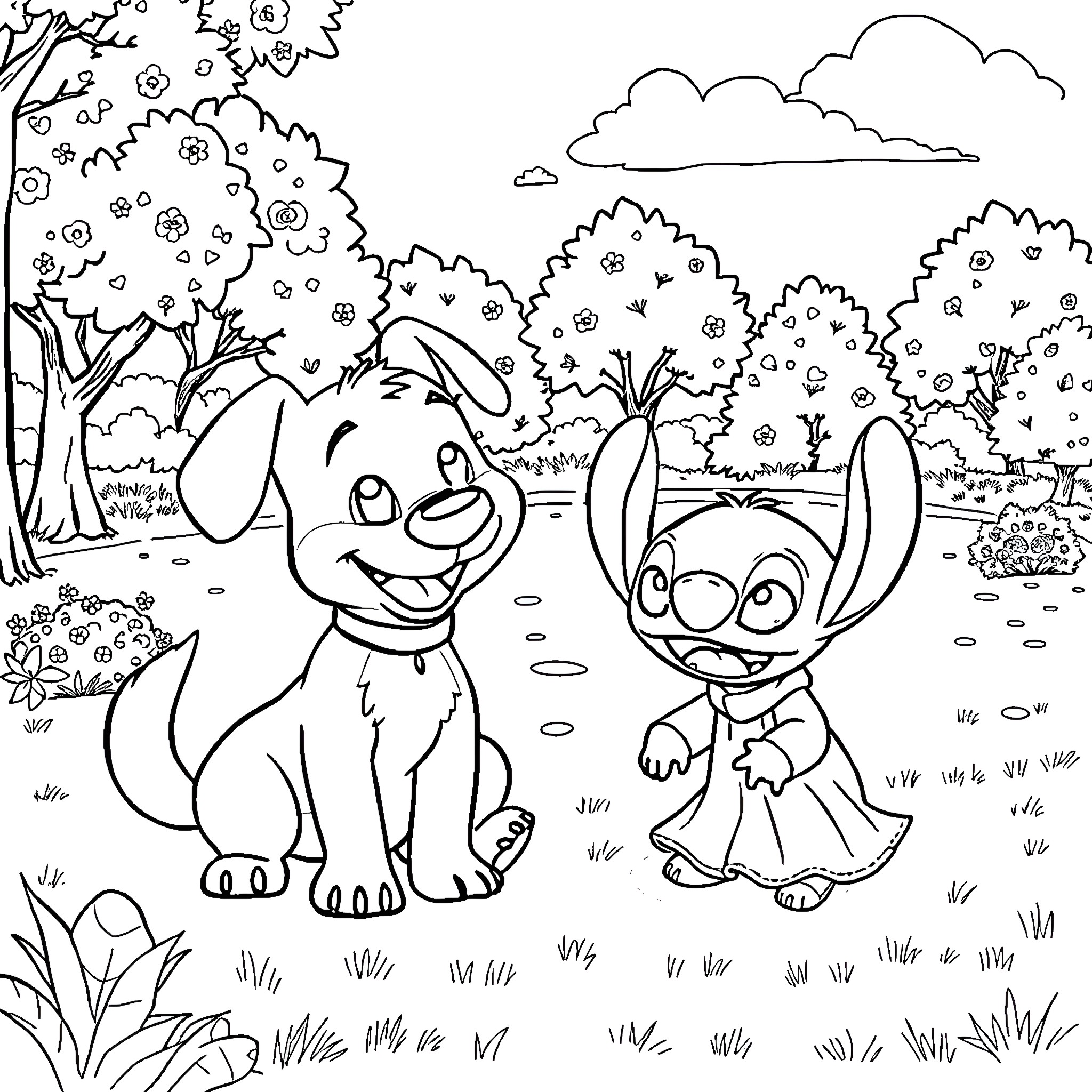 Bluey and Bingo playing in the park Coloring Page (free black-and-white line drawing printable PDF for all, from beginners to advanced learners, including children, teens, adults, and seniors)