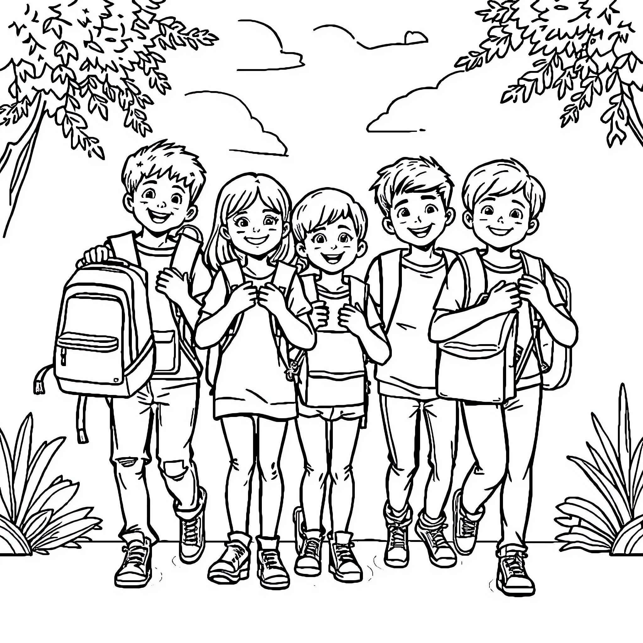 School Friends Enjoying Outdoor Adventure Coloring Page (free black-and-white line drawing printable PDF for all, from beginners to advanced learners, including children, teens, adults, and seniors)