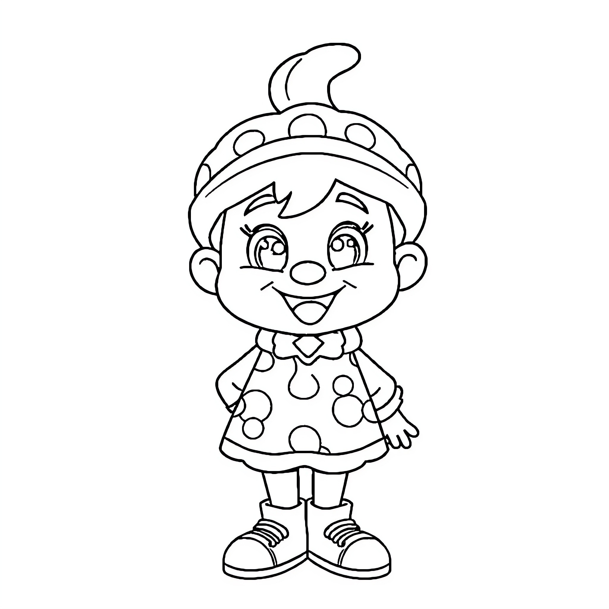 Samsam in a polka dot dress and hat Coloring Page (free black-and-white line drawing printable PDF for all, from beginners to advanced learners, including children, teens, adults, and seniors)