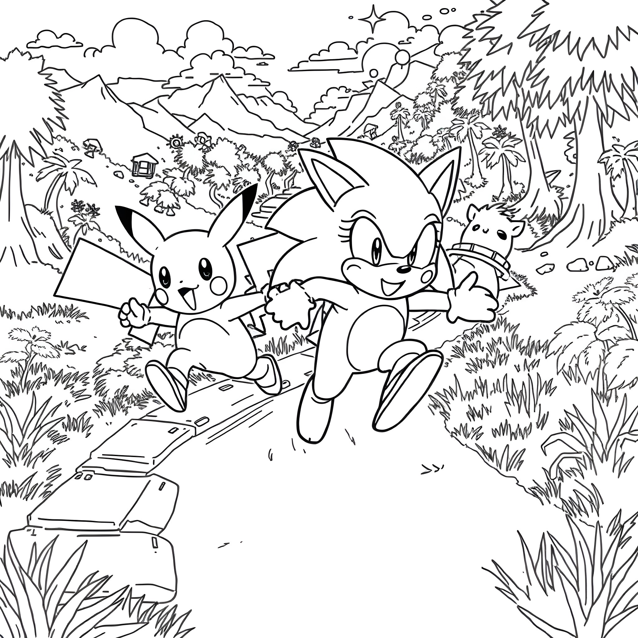Pikachu and Sonic enjoying adventure in the wild Coloring Page (free black-and-white line drawing printable PDF for all, from beginners to advanced learners, including children, teens, adults, and seniors)