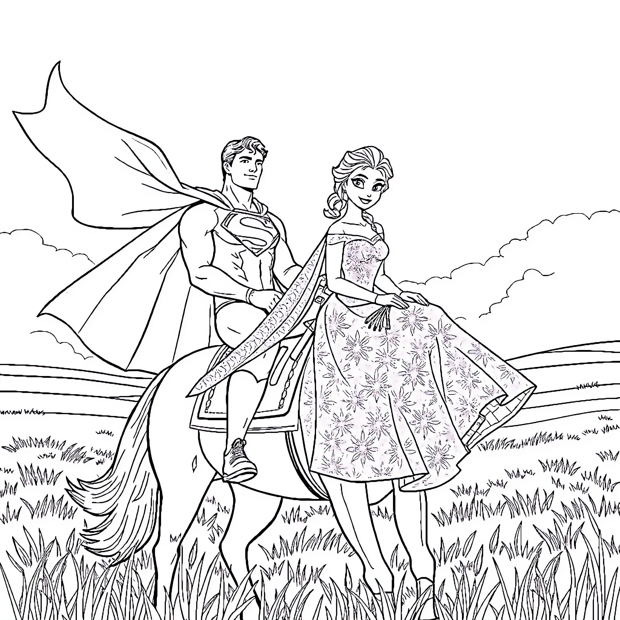 Superman and princess in heroic poses Coloring Page (free black-and-white line drawing printable PDF for all, from beginners to advanced learners, including children, teens, adults, and seniors)