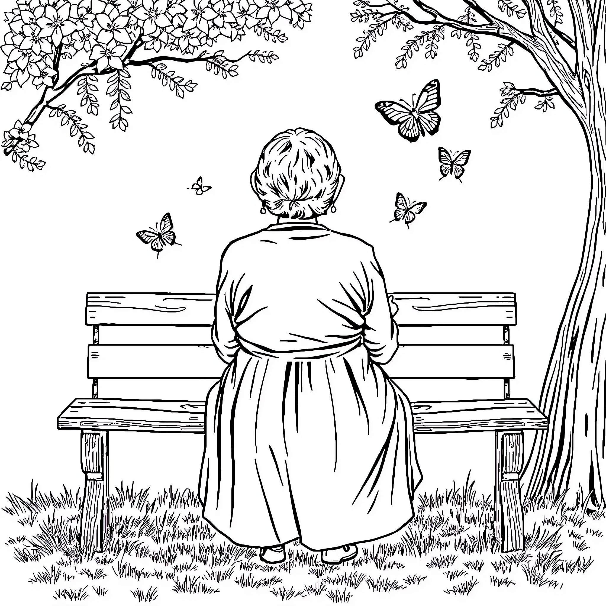 Lady enjoying the peaceful nature scene Coloring Page (free black-and-white line drawing printable PDF for all, from beginners to advanced learners, including children, teens, adults, and seniors)