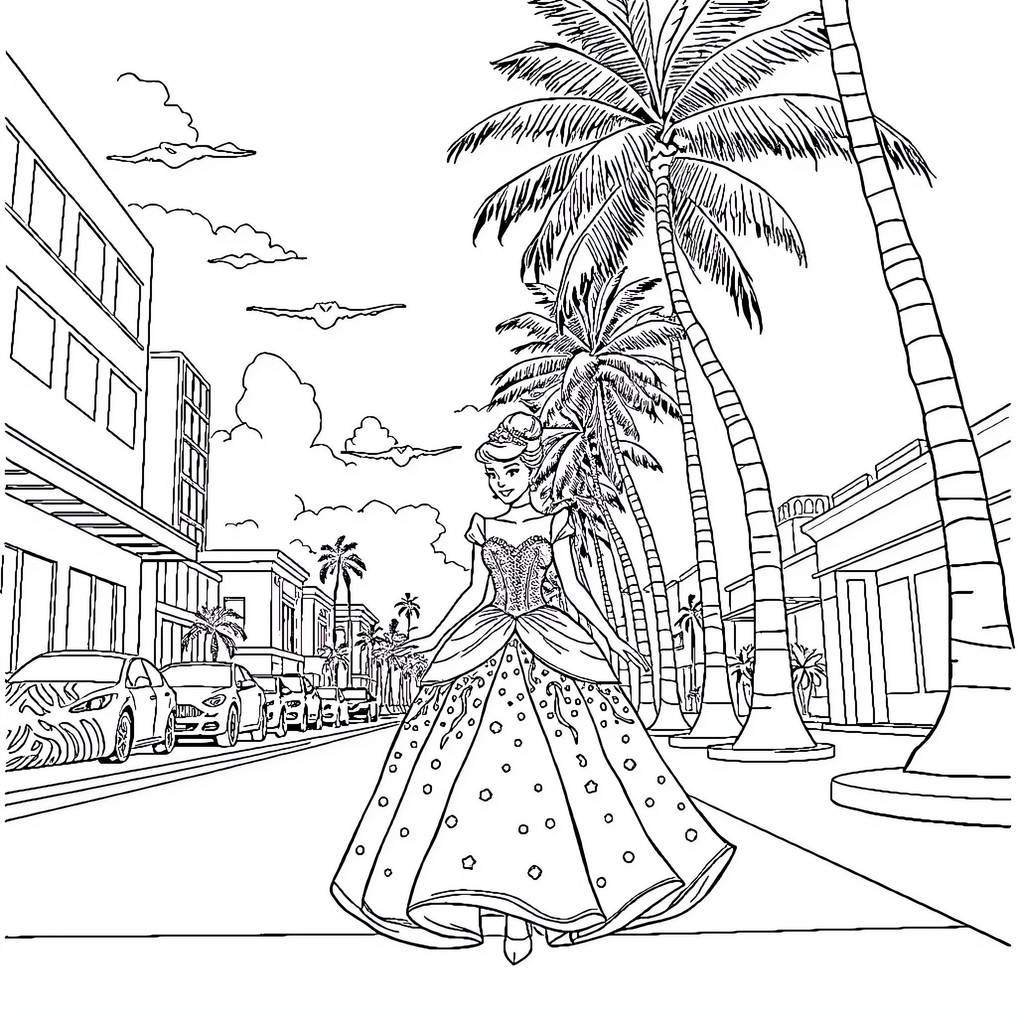 Cinderella's Tropical Adventure in a Dazzling Gown Coloring Page (free black-and-white line drawing printable PDF for all, from beginners to advanced learners, including children, teens, adults, and seniors)
