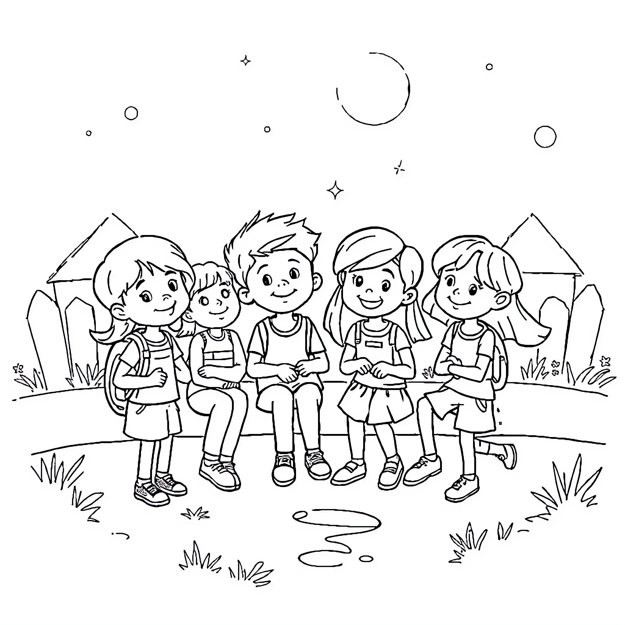 Friends enjoying nature together Coloring Page (free black-and-white line drawing printable PDF for all, from beginners to advanced learners, including children, teens, adults, and seniors)