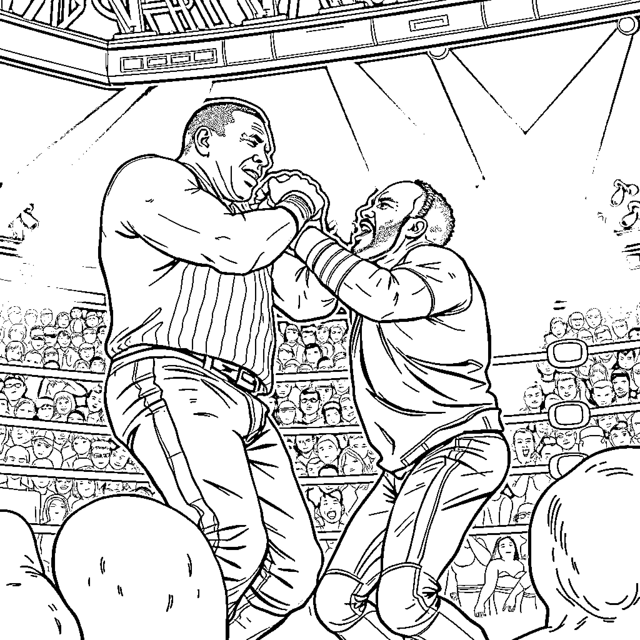 John Cena Participates in Intense Wrestling Match Coloring Page (free black-and-white line drawing printable PDF for all, from beginners to advanced learners, including children, teens, adults, and seniors)
