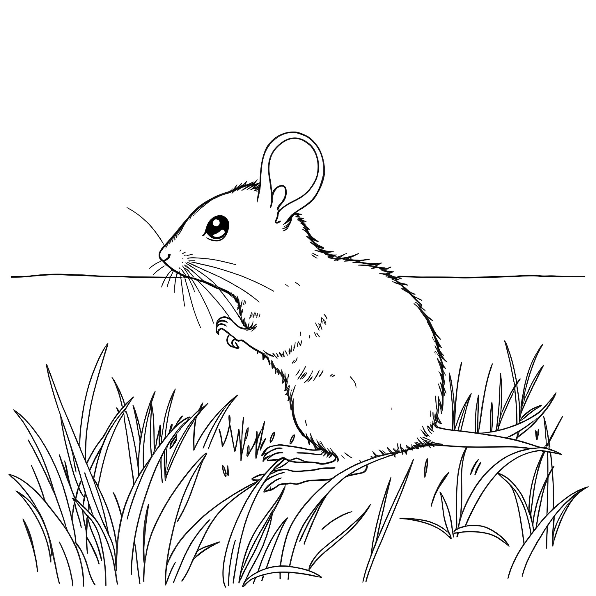 Mouse in the grassy field Coloring Page (free black-and-white line drawing printable PDF for all, from beginners to advanced learners, including children, teens, adults, and seniors)