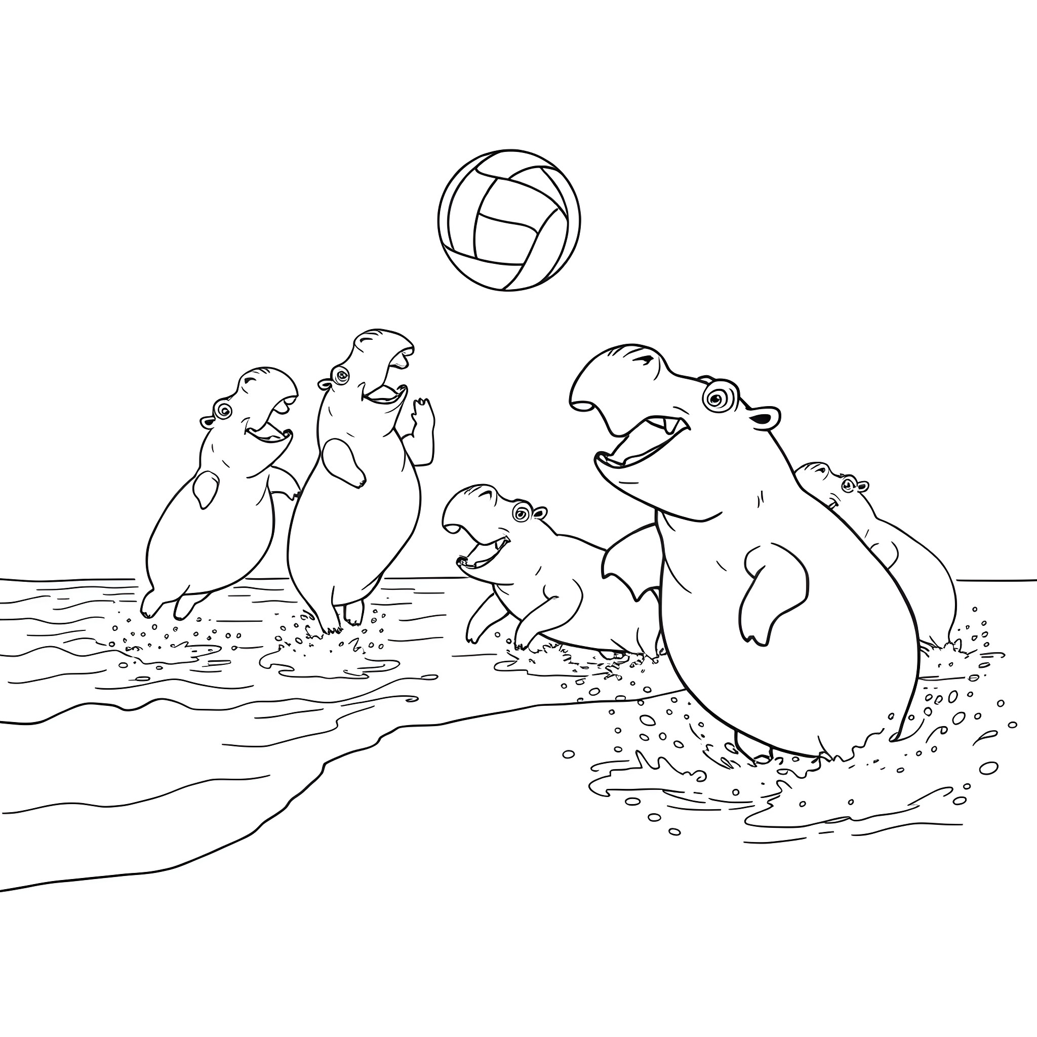 Hippo family playing with ball in the water Coloring Page (free black-and-white line drawing printable PDF for all, from beginners to advanced learners, including children, teens, adults, and seniors)