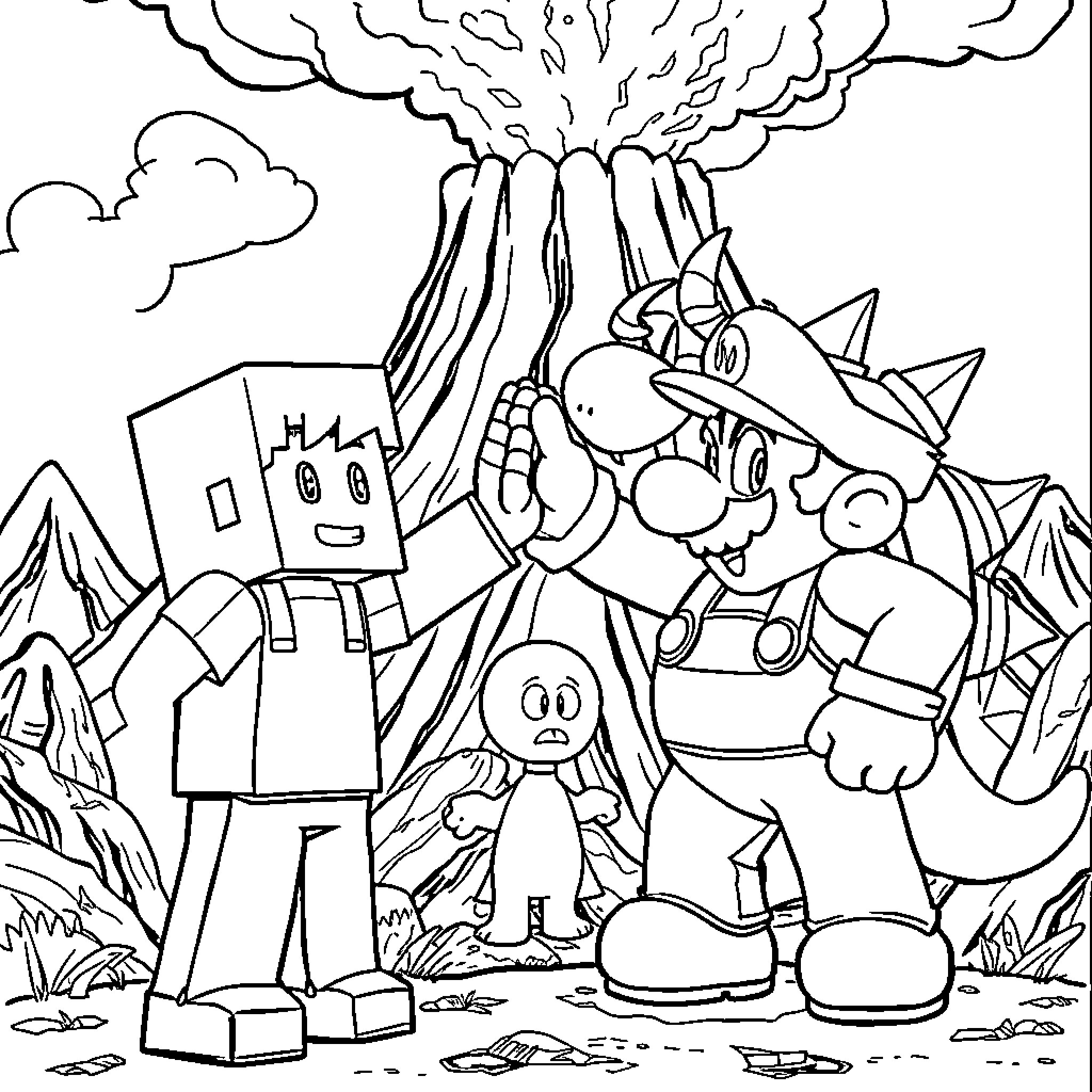 Steve's Chaotic Adventure with Blocky Friends Coloring Page (free black-and-white line drawing printable PDF for all, from beginners to advanced learners, including children, teens, adults, and seniors)