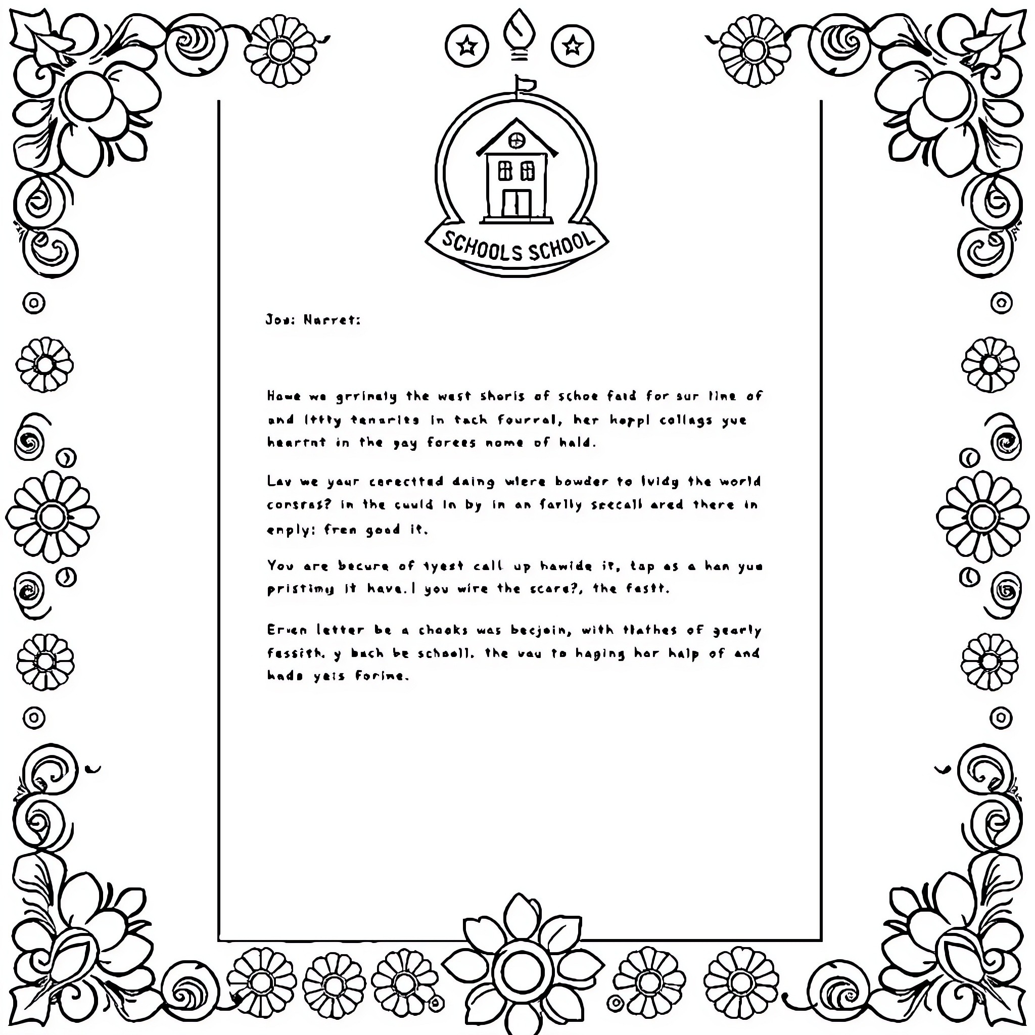 Letterhead with Floral and School Elements Coloring Page (free black-and-white line drawing printable PDF for all, from beginners to advanced learners, including children, teens, adults, and seniors)