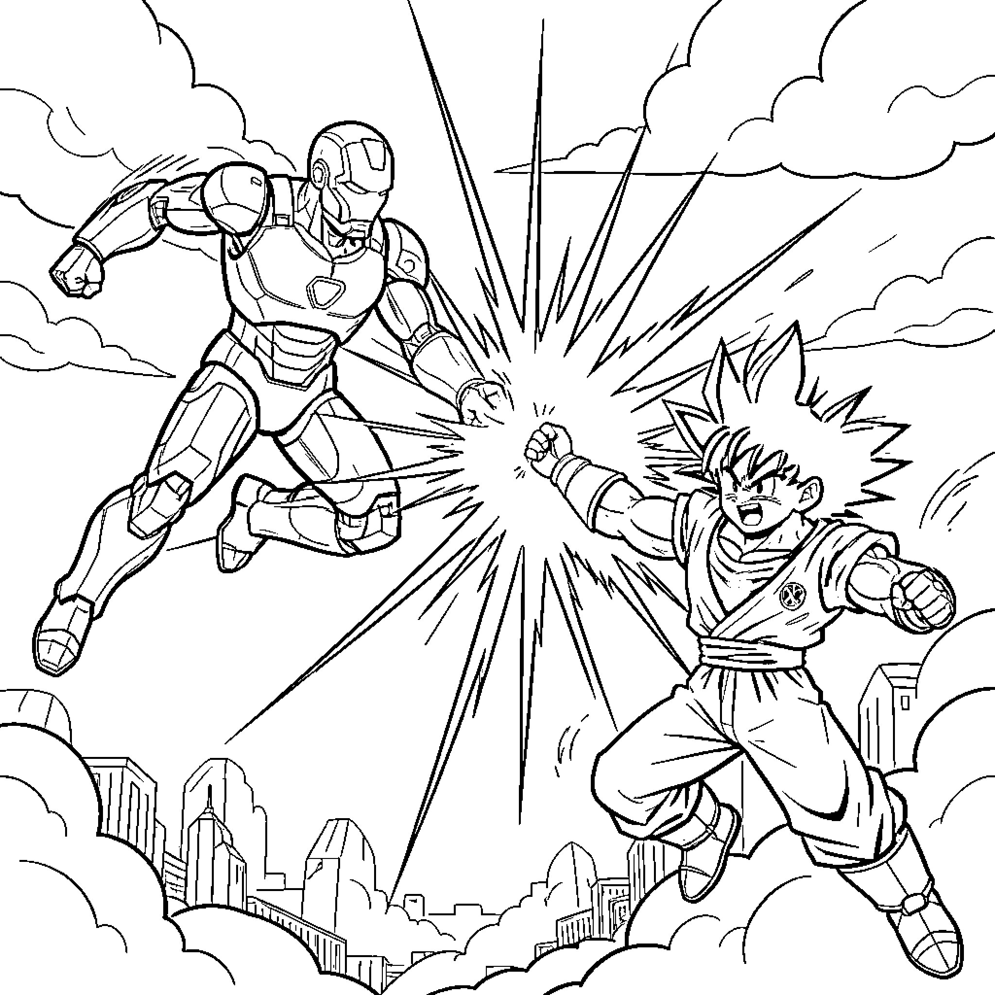Ironman clashing with a superhuman warrior in the sky Coloring Page (free black-and-white line drawing printable PDF for all, from beginners to advanced learners, including children, teens, adults, and seniors)