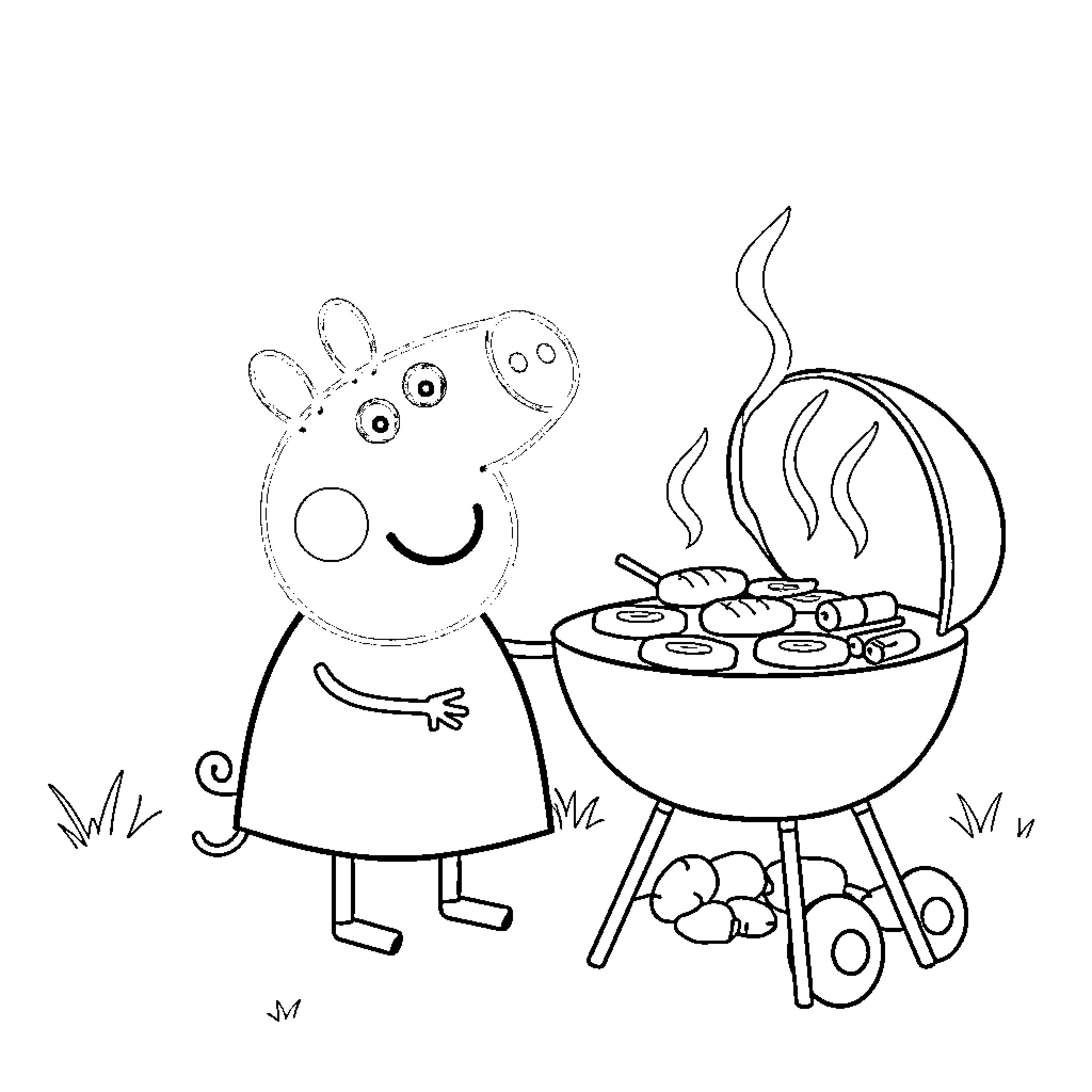 Peppa Pig Enjoying a Barbecue Coloring Page (free black-and-white line drawing printable PDF for all, from beginners to advanced learners, including children, teens, adults, and seniors)