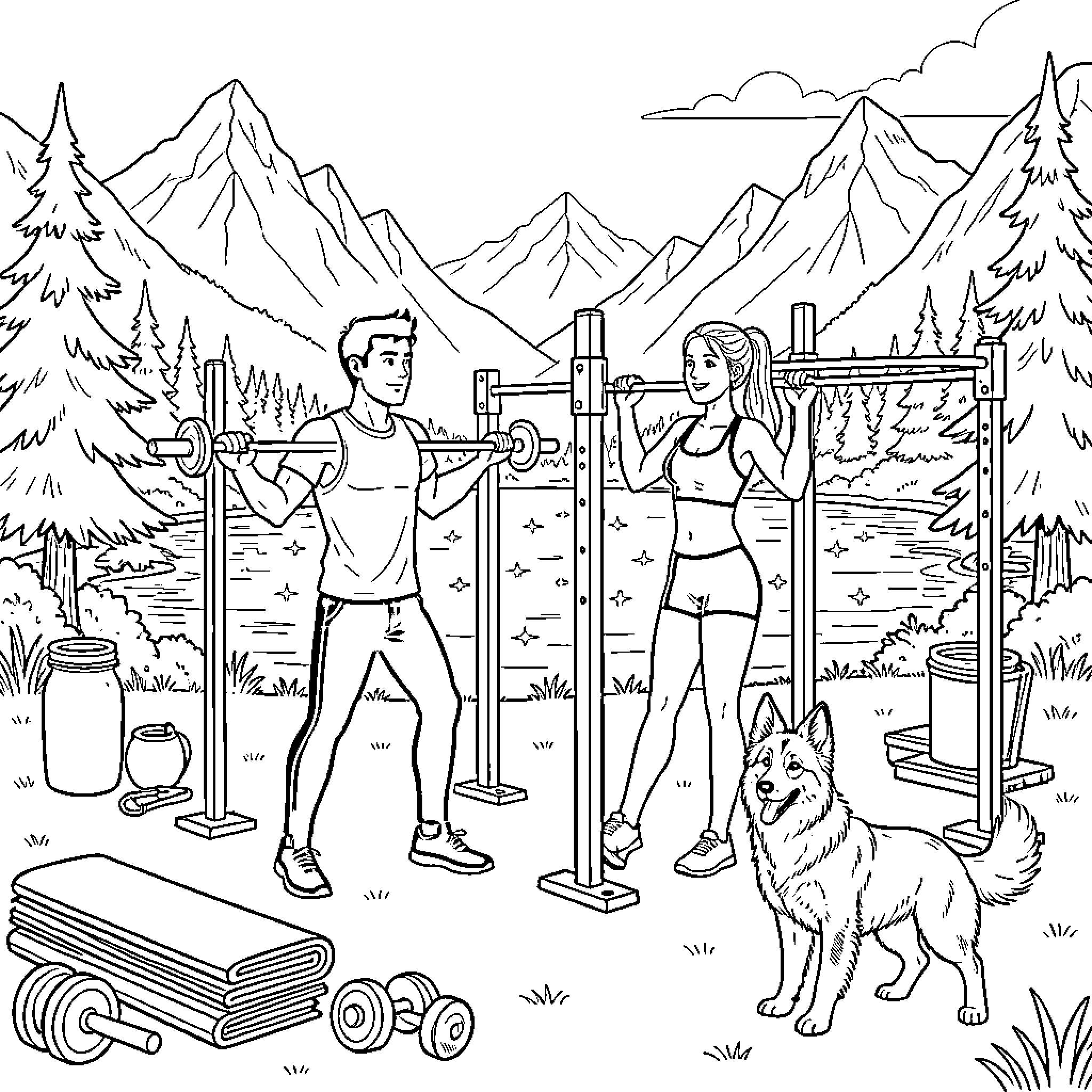 Calisthenics in the Wilderness Workout Coloring Page (free black-and-white line drawing printable PDF for all, from beginners to advanced learners, including children, teens, adults, and seniors)