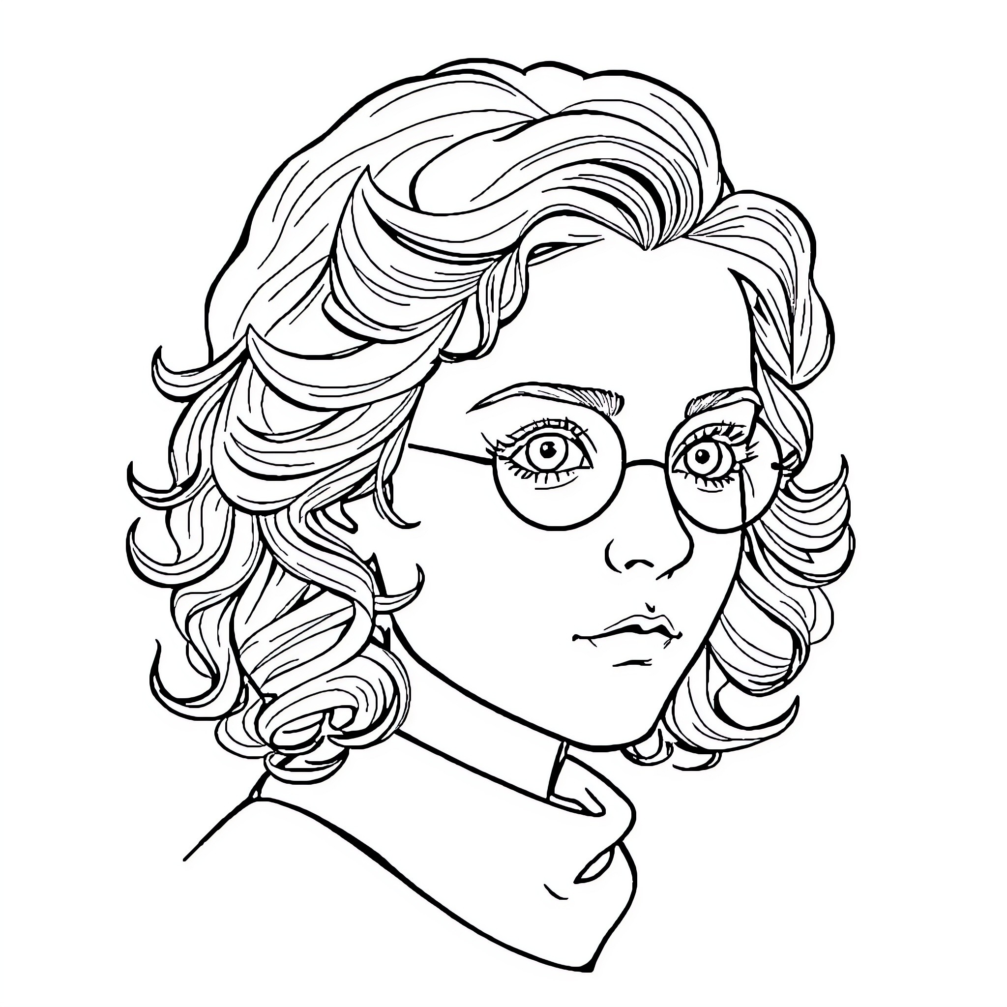 Hermione Granger in thoughtful pose with glasses Coloring Page (free black-and-white line drawing printable PDF for all, from beginners to advanced learners, including children, teens, adults, and seniors)