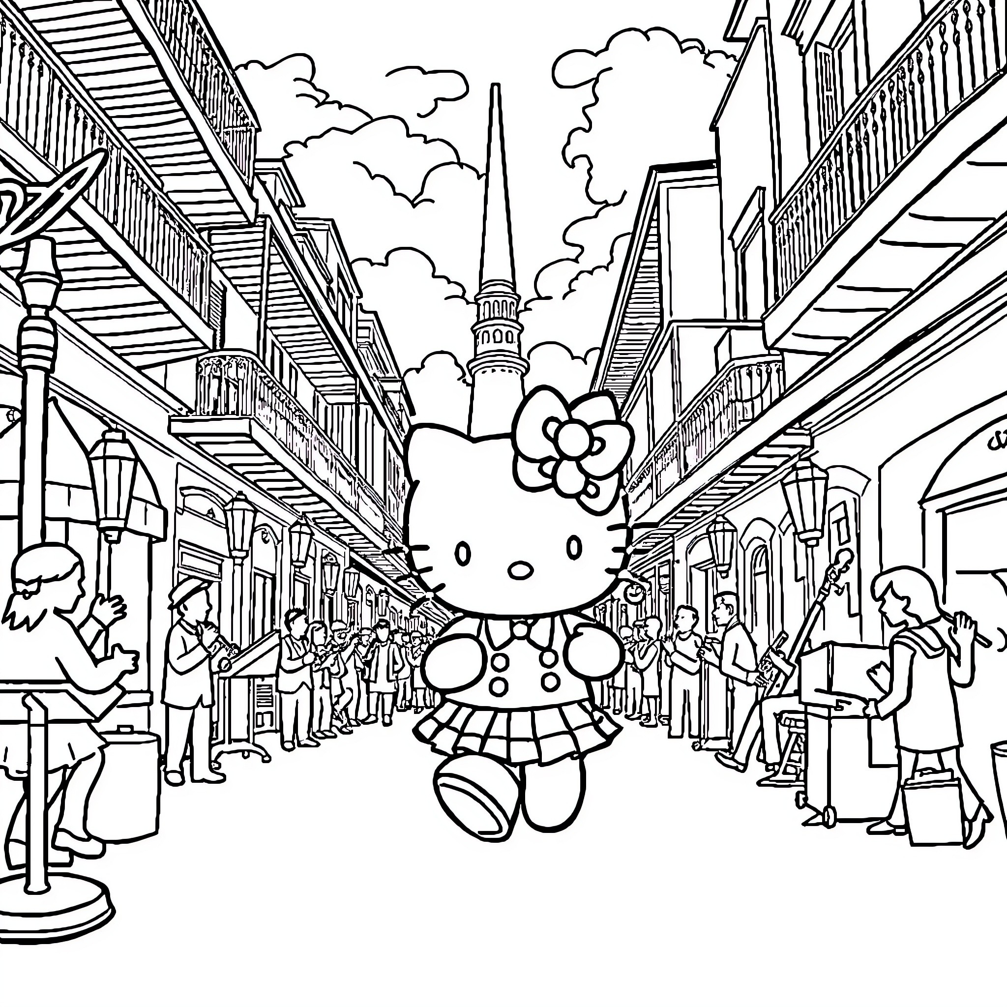 Hello Kitty strolling through a busy city street Coloring Page (free black-and-white line drawing printable PDF for all, from beginners to advanced learners, including children, teens, adults, and seniors)