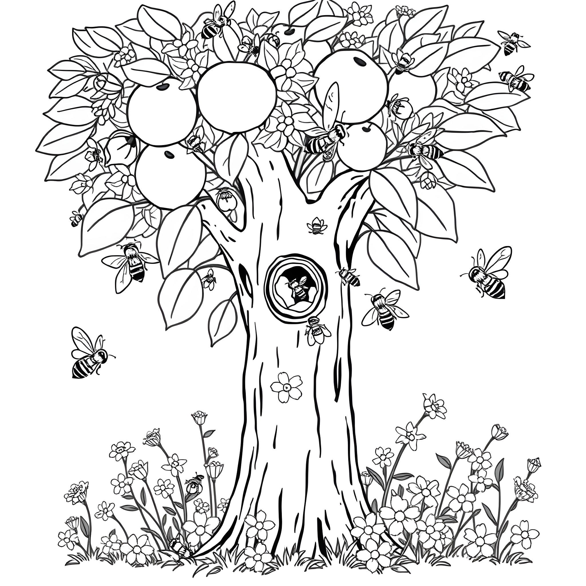 Bee-Filled Fruit Tree Surrounded by Flowers Coloring Page (free black-and-white line drawing printable PDF for all, from beginners to advanced learners, including children, teens, adults, and seniors)