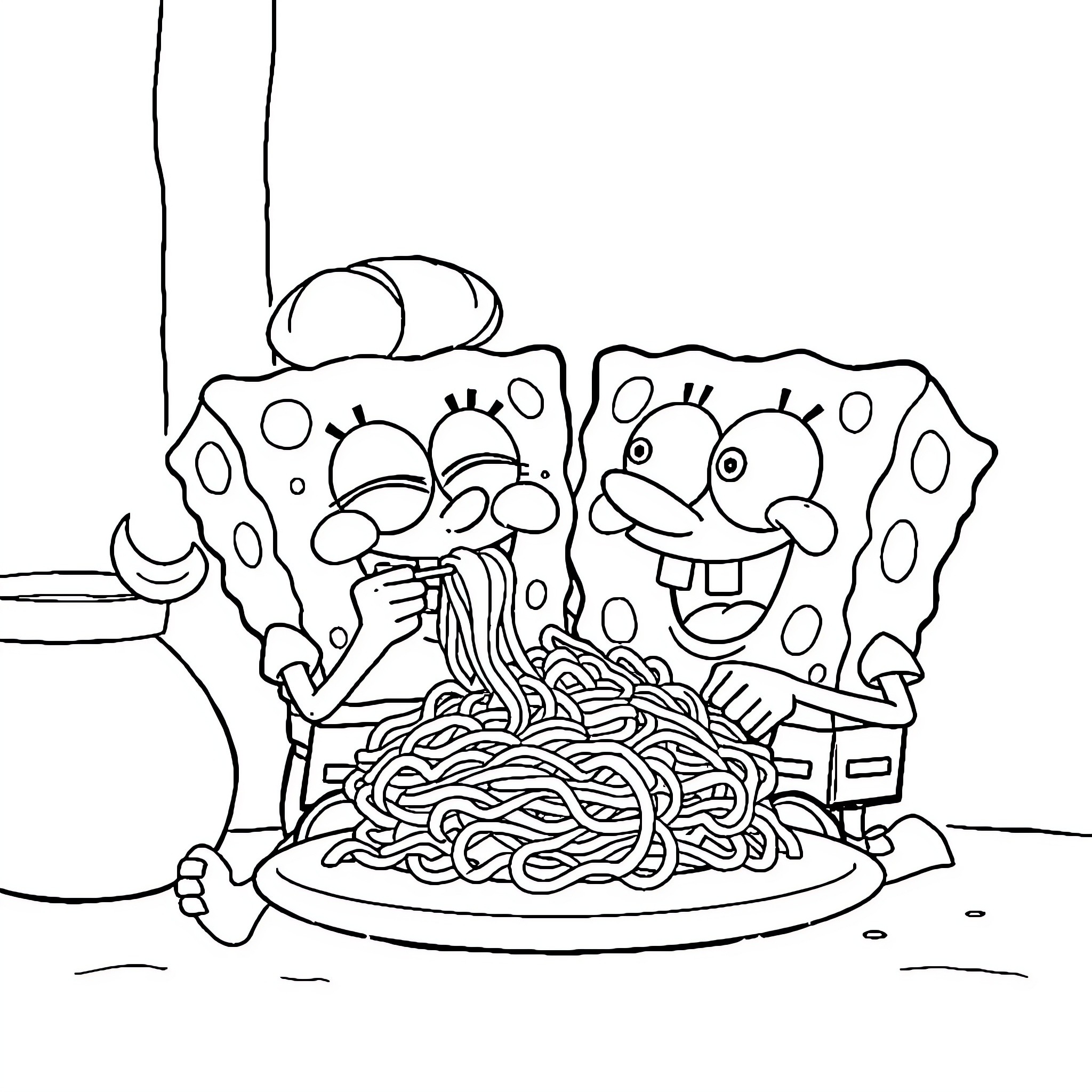 Umu Spongebob Enjoying Spaghetti Coloring Page (free black-and-white line drawing printable PDF for all, from beginners to advanced learners, including children, teens, adults, and seniors)