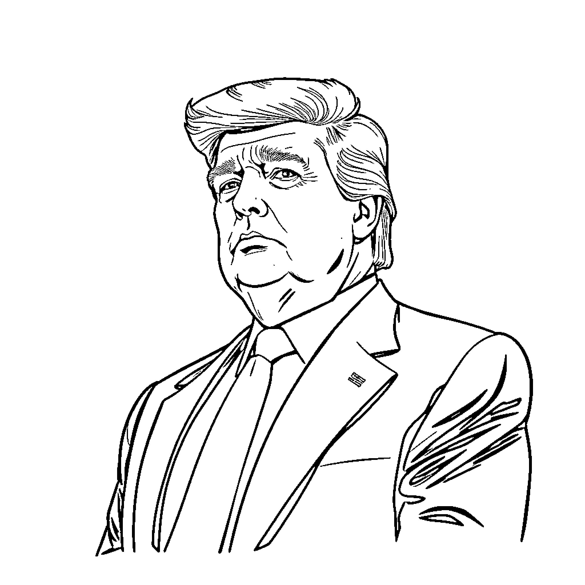 Donald Trump in a serious expression wearing a suit Coloring Page (free black-and-white line drawing printable PDF for all, from beginners to advanced learners, including children, teens, adults, and seniors)