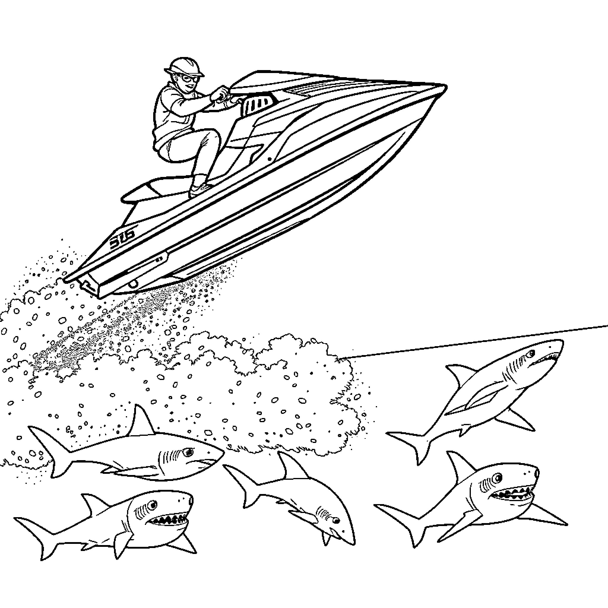 Jetski rider speeding above sharks in the ocean Coloring Page (free black-and-white line drawing printable PDF for all, from beginners to advanced learners, including children, teens, adults, and seniors)