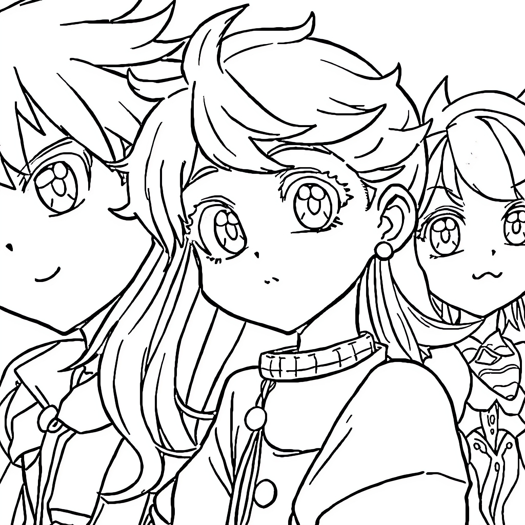 Anime group of friends with expressive faces Coloring Page (free black-and-white line drawing printable PDF for all, from beginners to advanced learners, including children, teens, adults, and seniors)